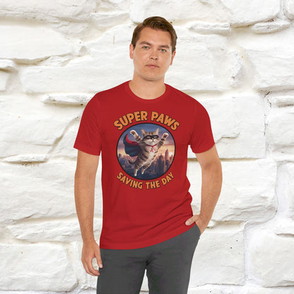 ''Super Paws Saving The Day'' Cat T-shirt for Man 100% Cotton. - Nunu&Miao Studio