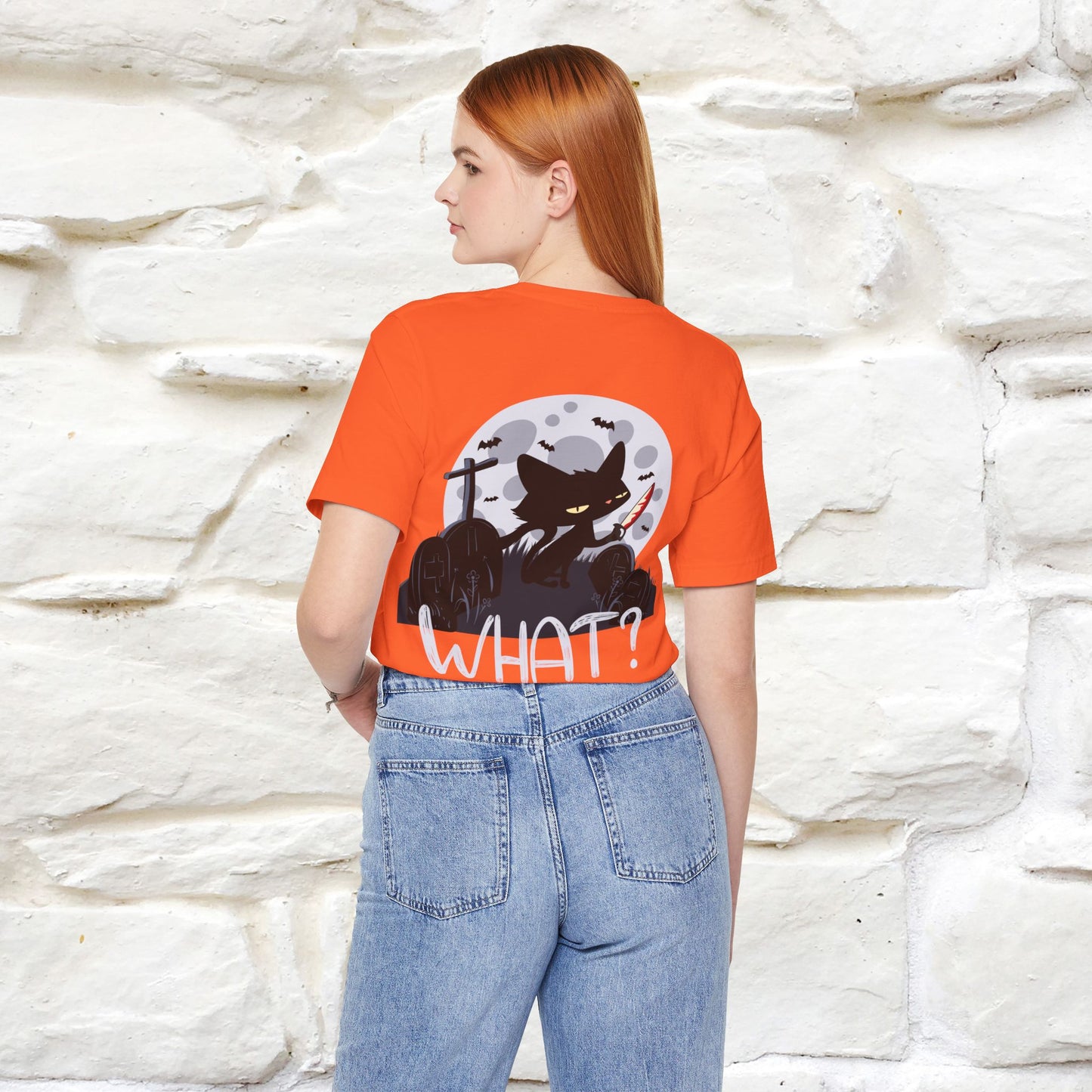 ''What?'' Cat Halloween  Unisex Front And Back Design T-shirt  100% Cotton*