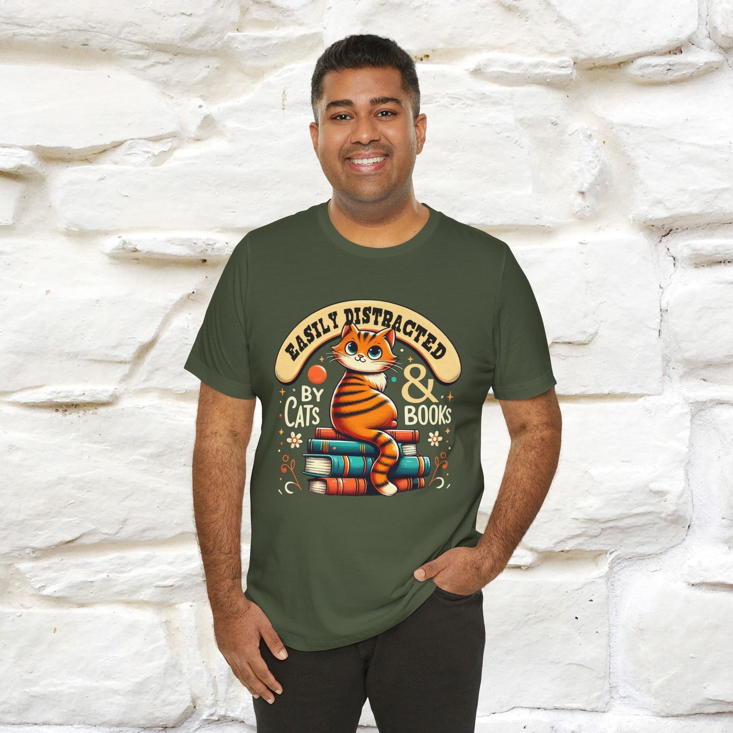 "Easily Distracted By Cats & Books" Cat T-shirt for Men & Women | 100% Cotton* | Cat Lover Tee