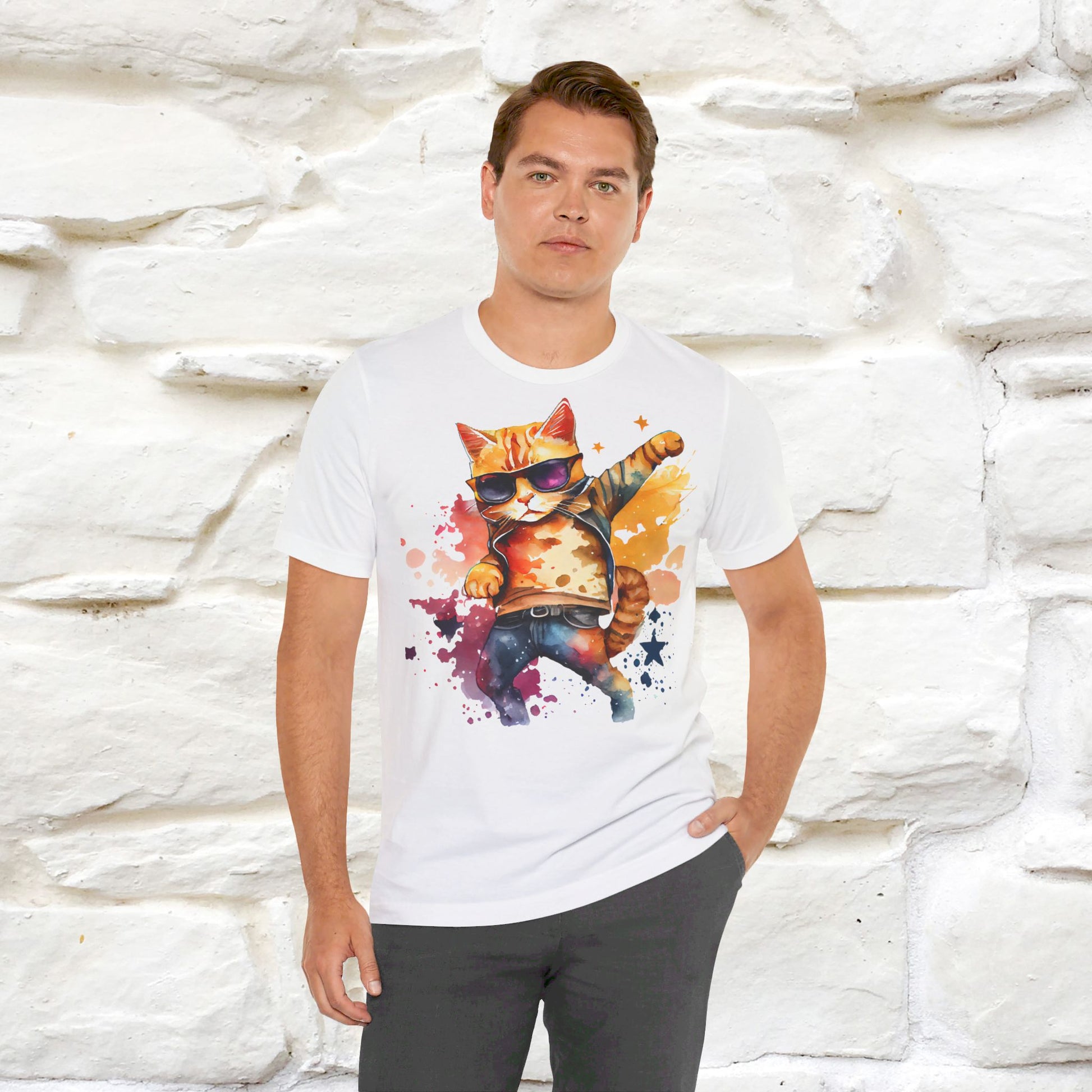 ''Cool Rainbow Cat'' T-shirt for Man 100% Cotton. - Nunu&Miao Studio