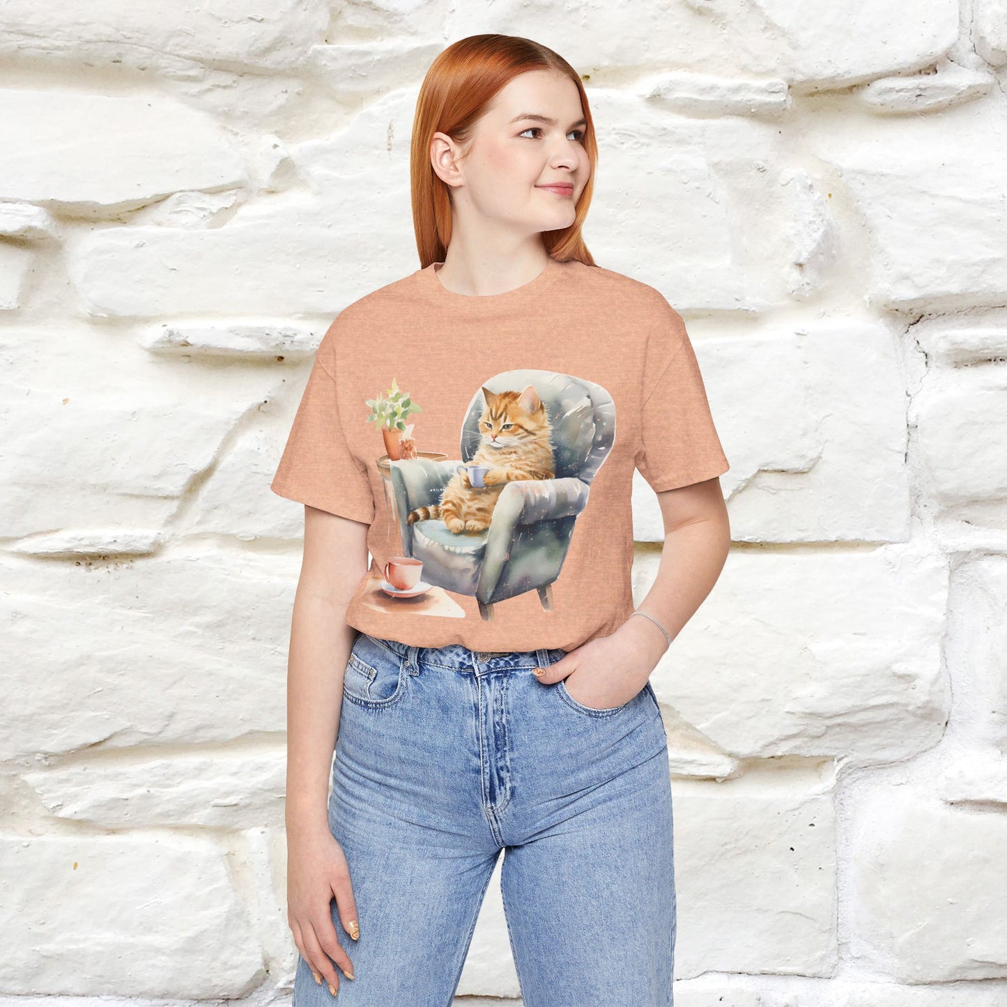 "Cat and Cuppa Comfort"T-shirt for Women 100% Cotton* - Nunu&Miao Studio