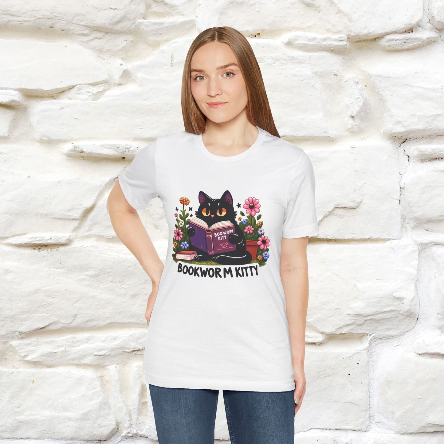 "Bookworm Kitty" Cat T-Shirt for Women | 100% Cotton* | Book Lover Tee