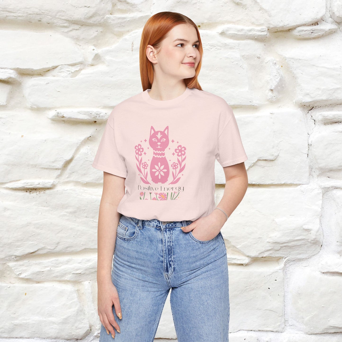 "Positive Energy'' Cat T-Shirt Front and Back Design | Nunu&Miao Studio