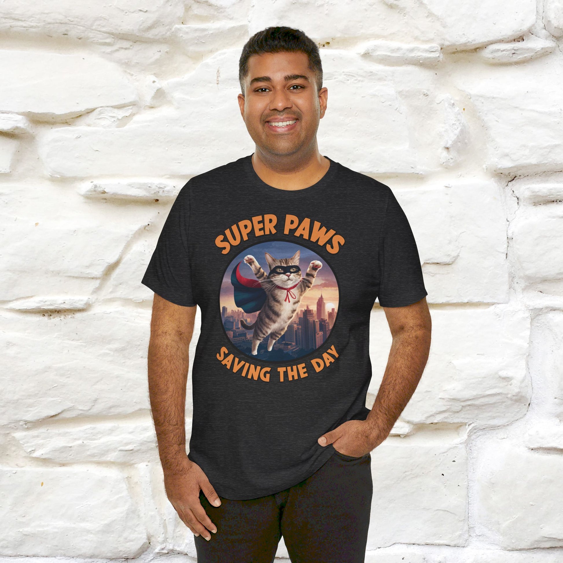 ''Super Paws Saving The Day'' Cat T-shirt for Man 100% Cotton. - Nunu&Miao Studio