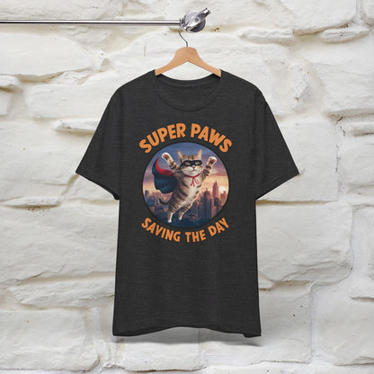 ''Super Paws Saving The Day'' Cat T-shirt for Man 100% Cotton. - Nunu&Miao Studio