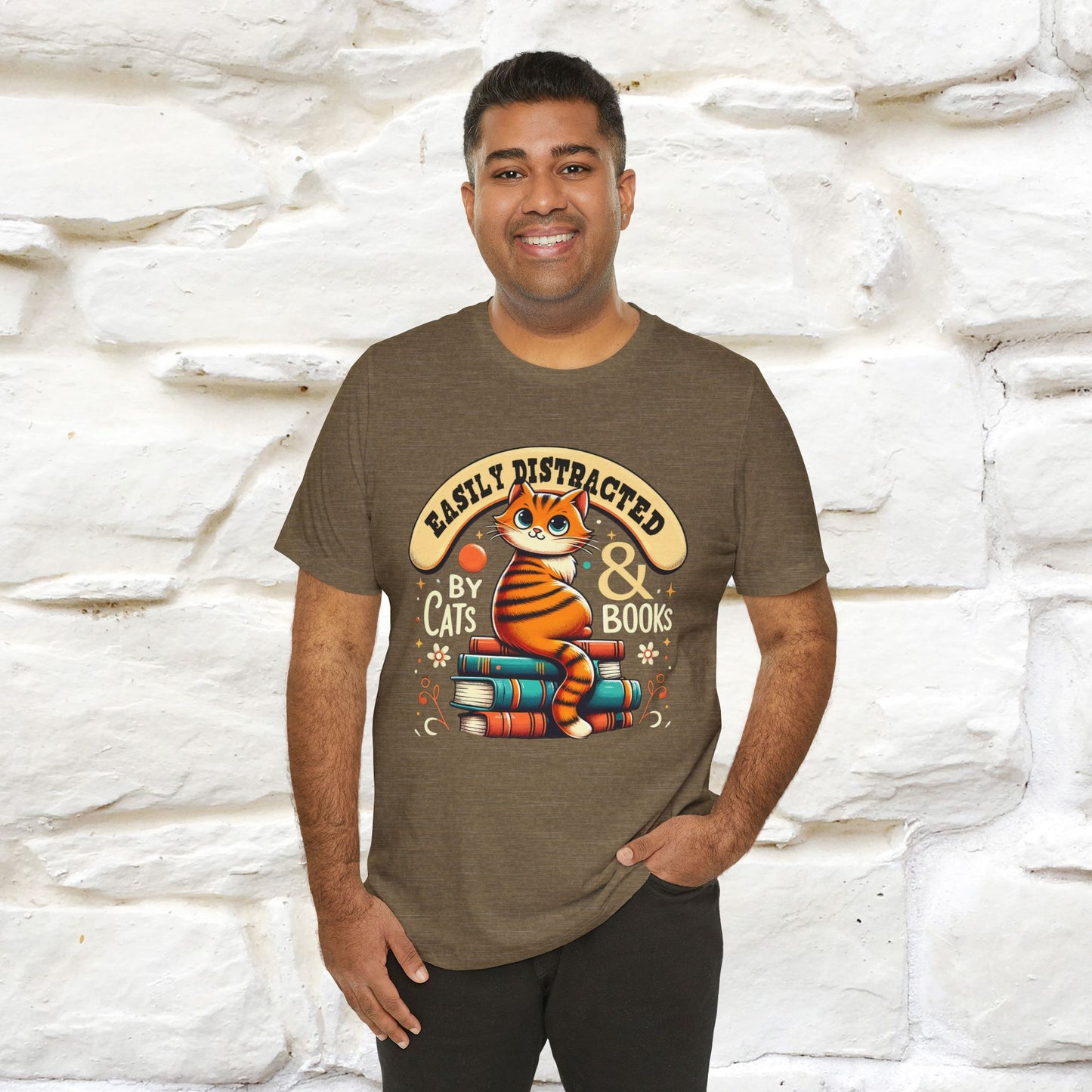 "Easily Distracted By Cats & Books" Cat T-shirt for Men & Women | 100% Cotton* | Cat Lover Tee