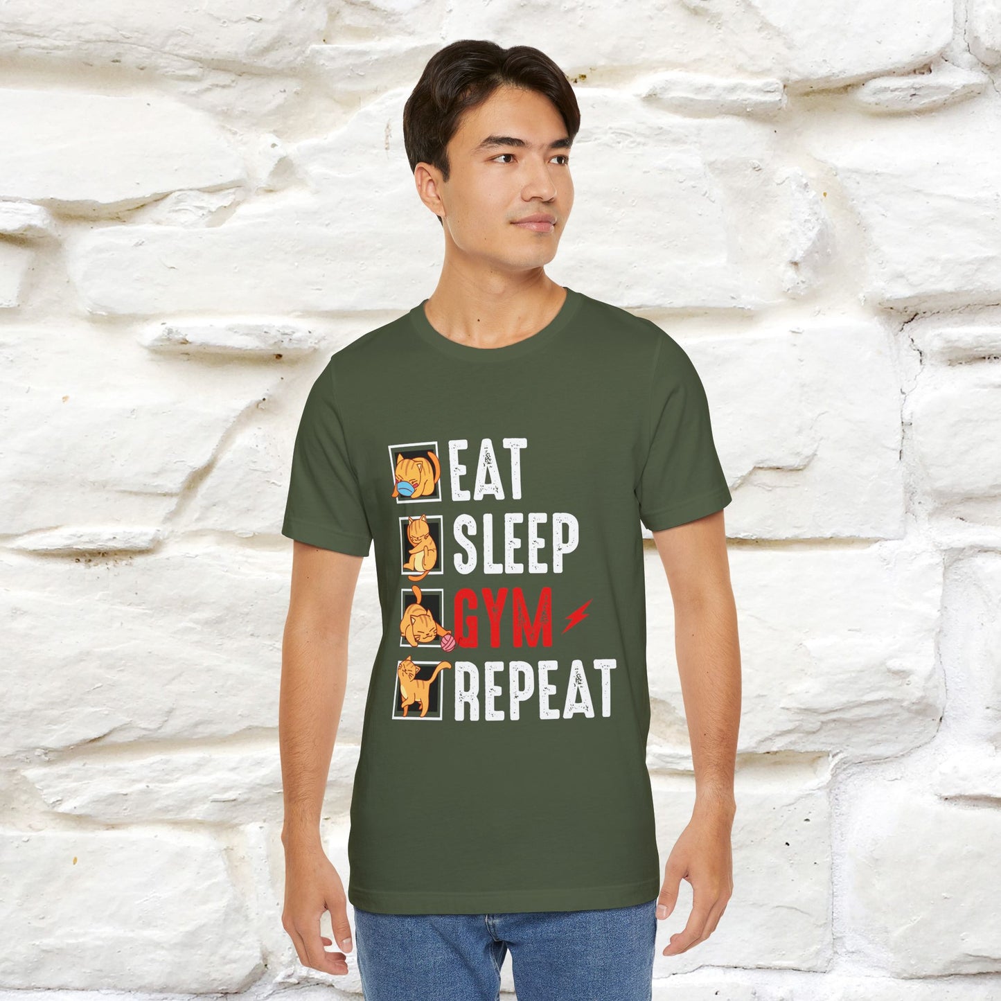 Eat Sleep Gym Repeat Cat Workout T-Shirt for Men & Women | 100% Cotton*