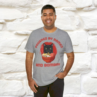 ''Powered By Ramen And Bombay''  Cat T-shirt for Man 100% Cotton. - Nunu&Miao Studio