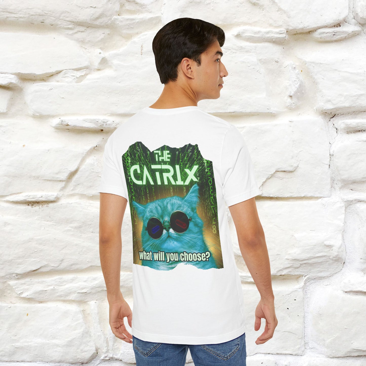 The Catrix: What Will You Choose? T-Shirt | Unisex Front & Back Design | 100% Cotton* Sci-Fi Cat Tee