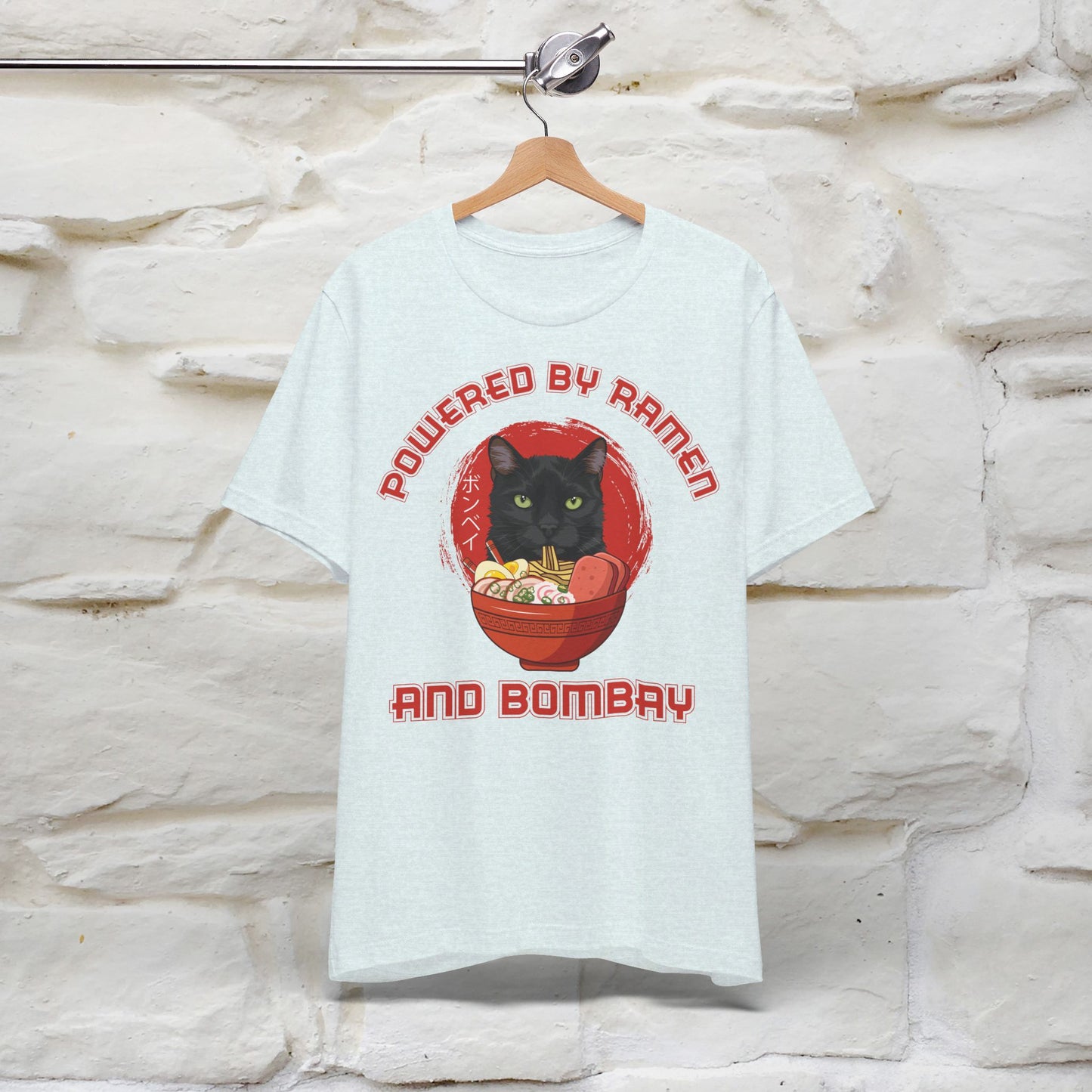 ''Powered By Ramen And Bombay''  Cat T-shirt for Man 100% Cotton. - Nunu&Miao Studio