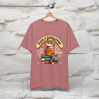 "Easily Distracted By Cats & Books" Cat T-shirt for Men & Women | 100% Cotton* | Cat Lover Tee