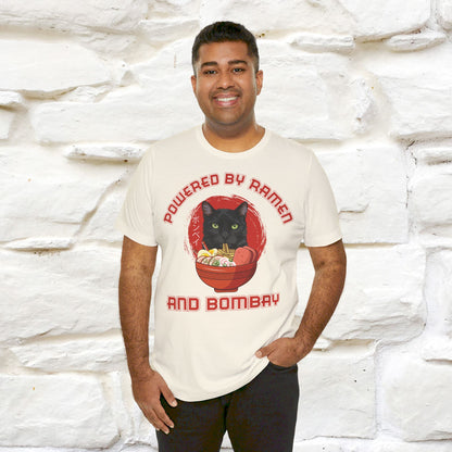 ''Powered By Ramen And Bombay''  Cat T-shirt for Man 100% Cotton. - Nunu&Miao Studio