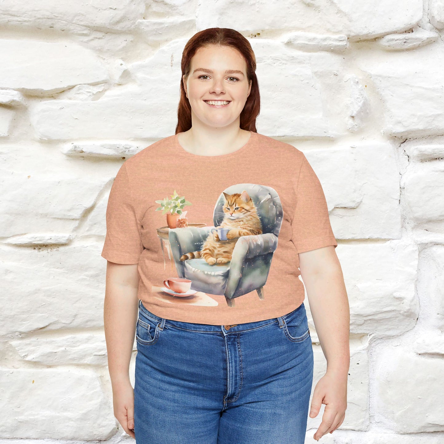 "Cat and Cuppa Comfort"T-shirt for Women 100% Cotton* - Nunu&Miao Studio