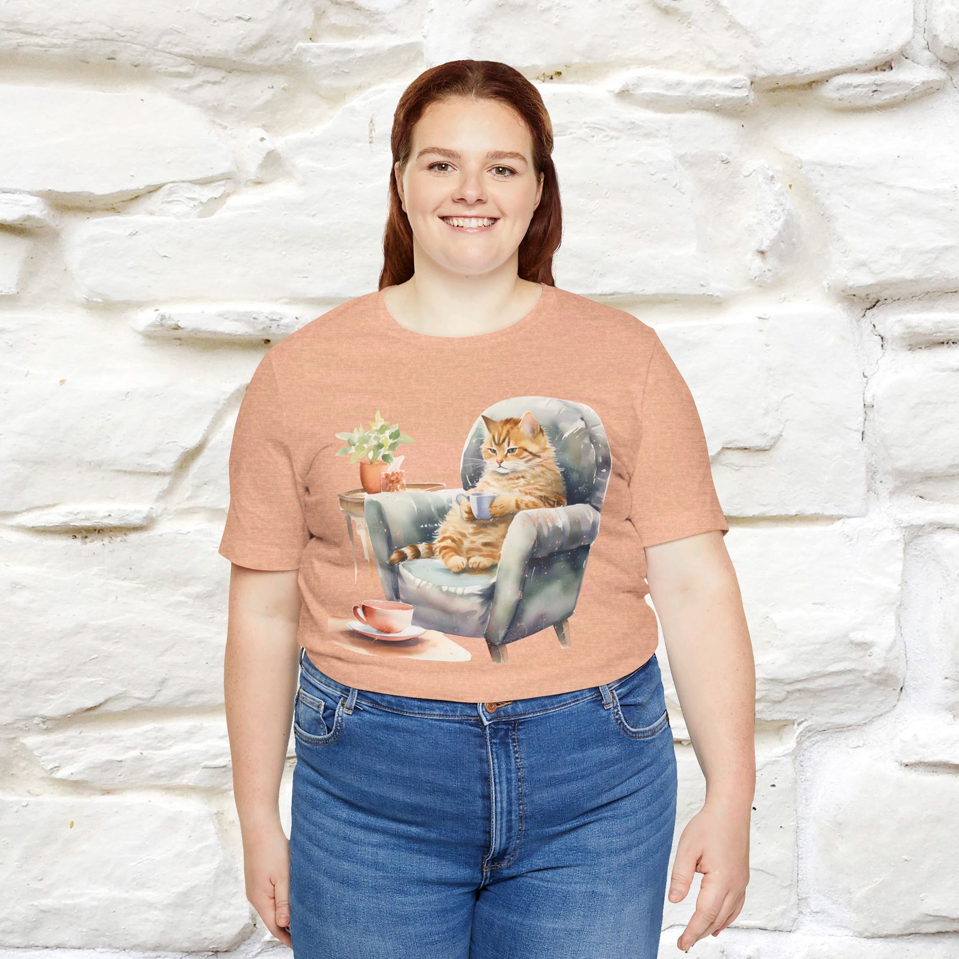 "Cat and Cuppa Comfort"T-shirt for Women 100% Cotton* - Nunu&Miao Studio