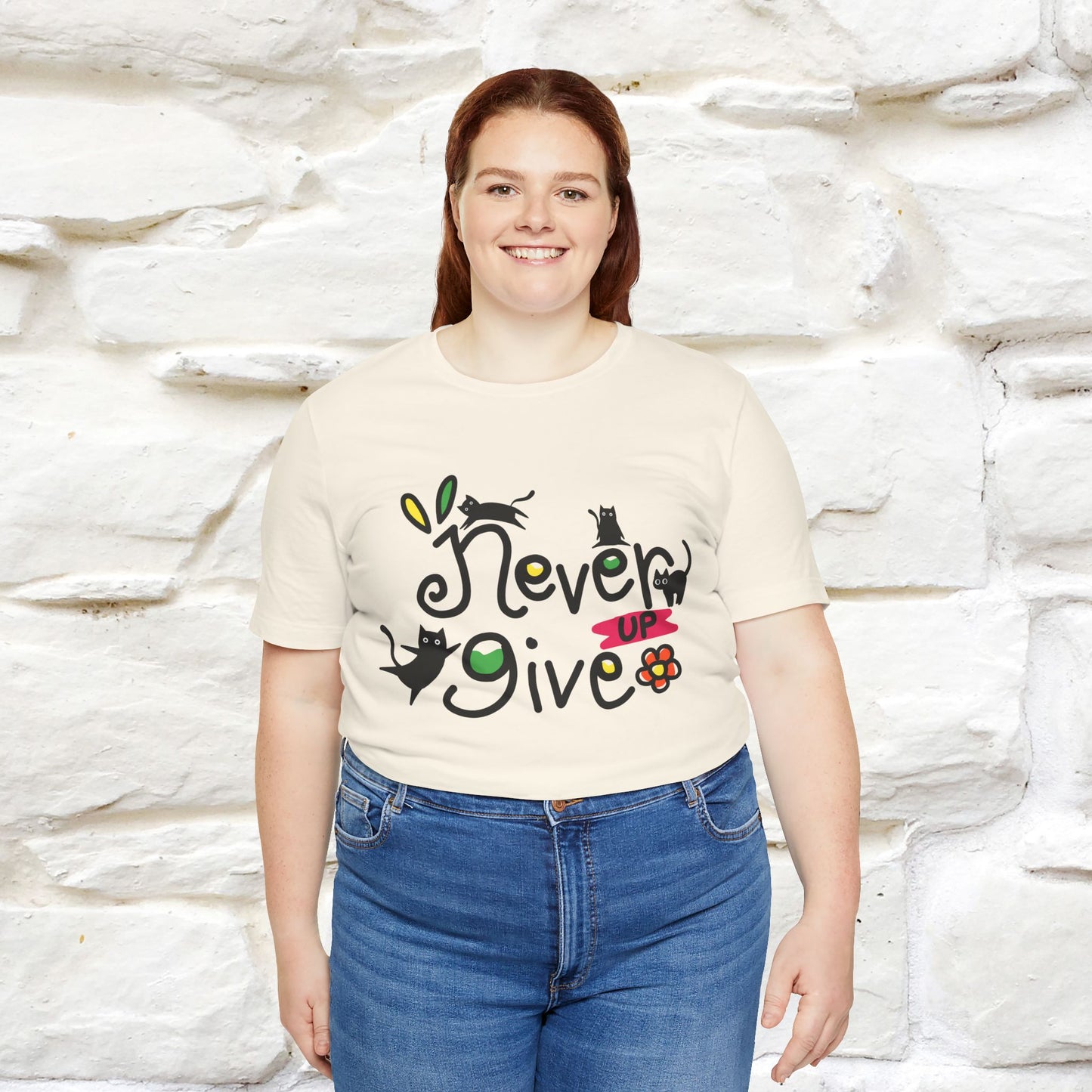 "Never Give Up" Cat T-Shirt for Men & Women | 100% Cotton* | Motivational Tee