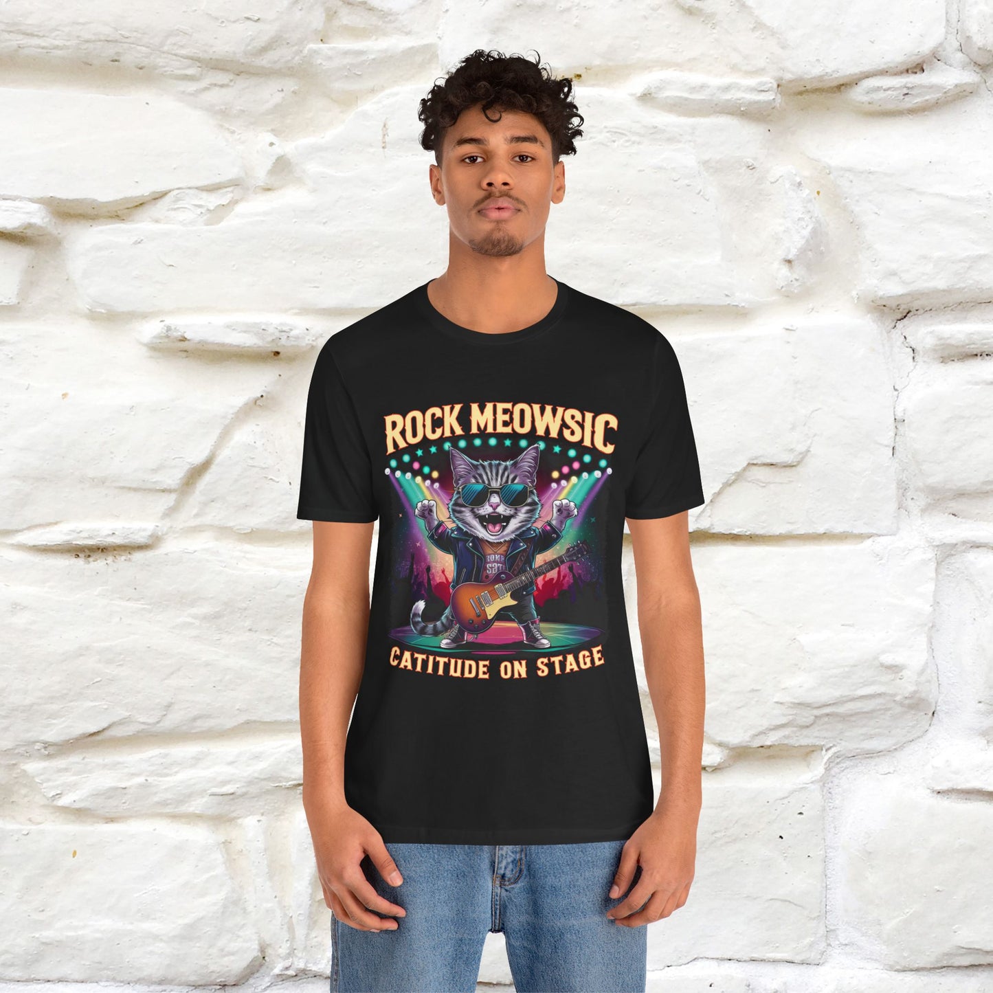 Rock Meowsic Catitude On Stage T-Shirt | Rocker Cat Tee for Men & Women | 100% Cotton*