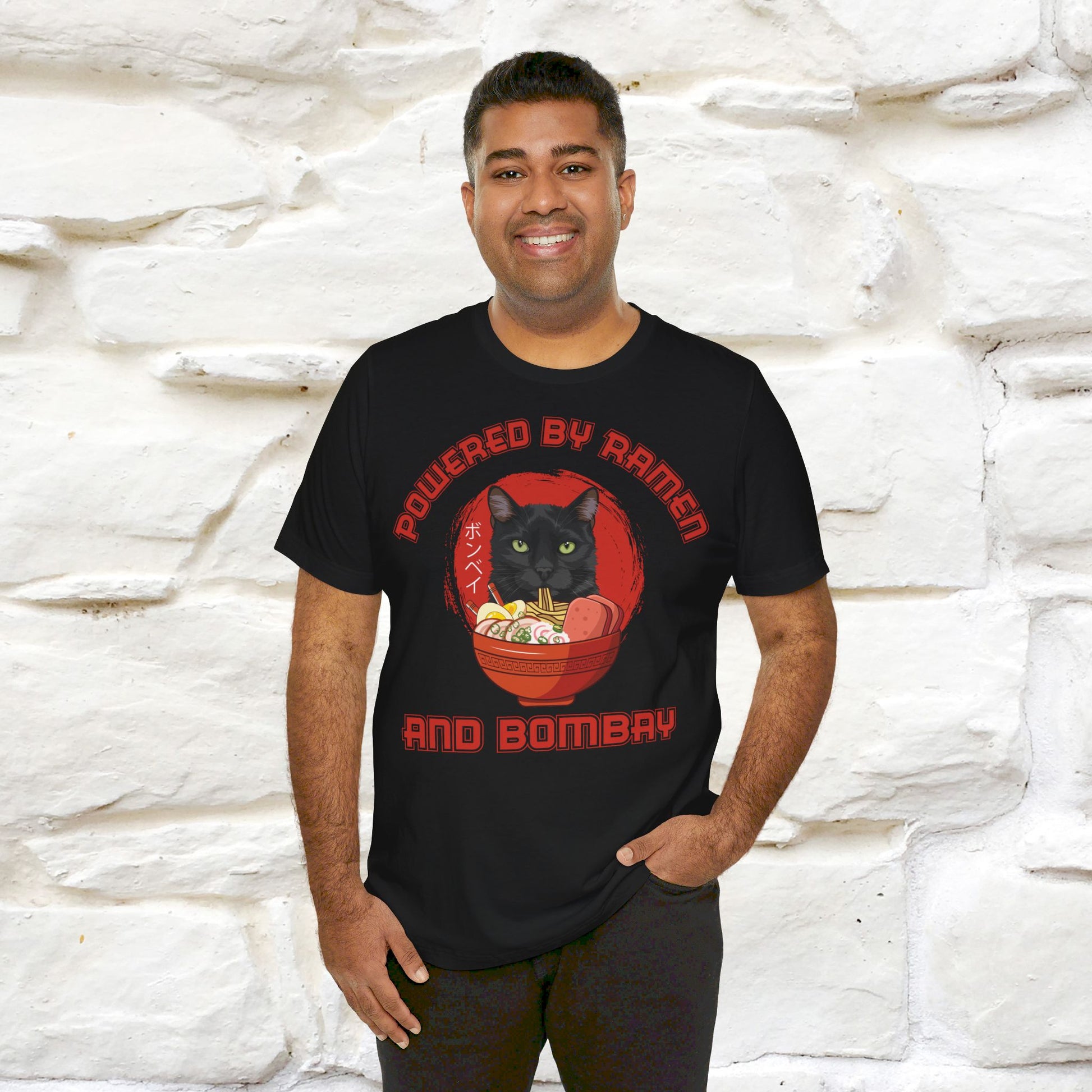 ''Powered By Ramen And Bombay''  Cat T-shirt for Man 100% Cotton. - Nunu&Miao Studio