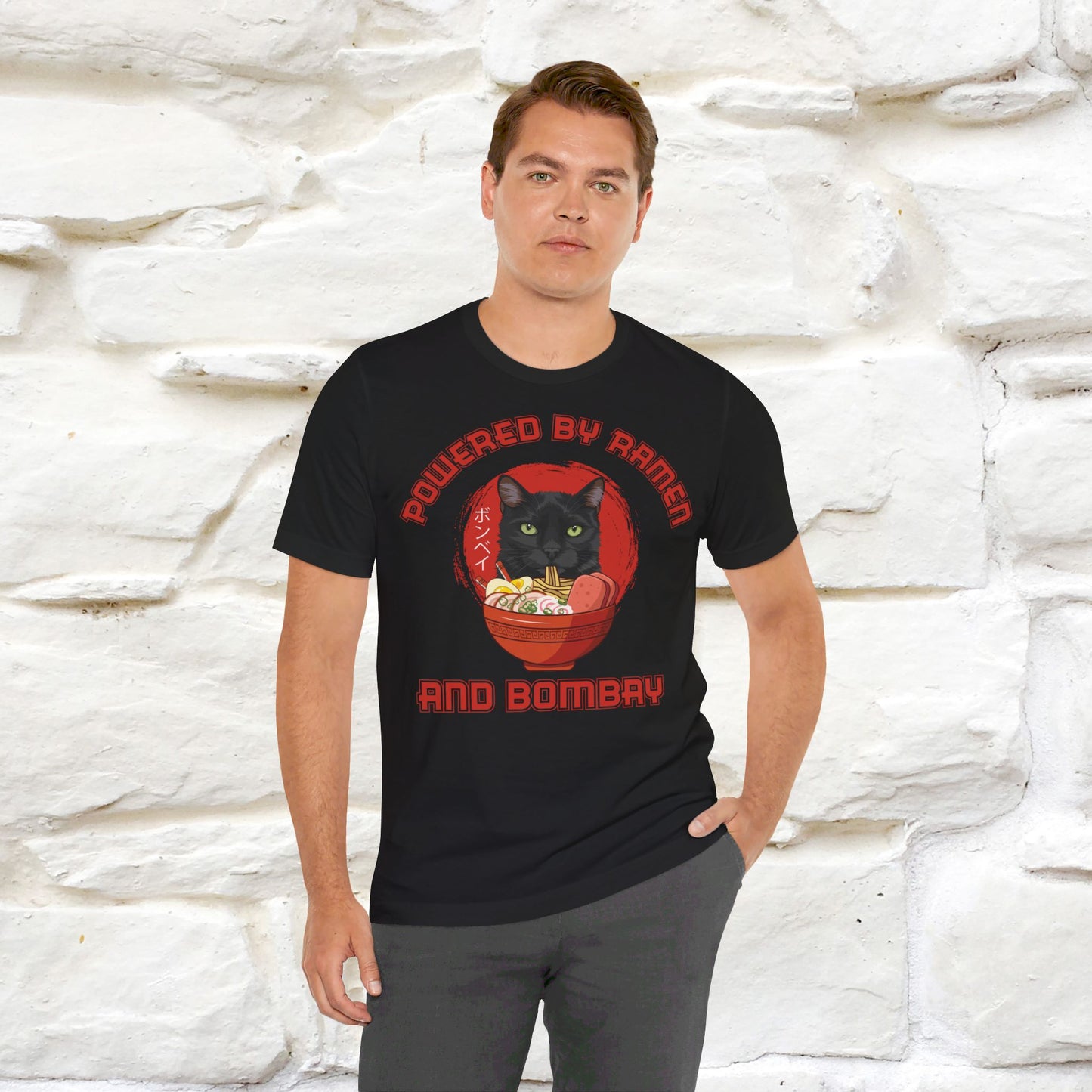 ''Powered By Ramen And Bombay''  Cat T-shirt for Man 100% Cotton. - Nunu&Miao Studio