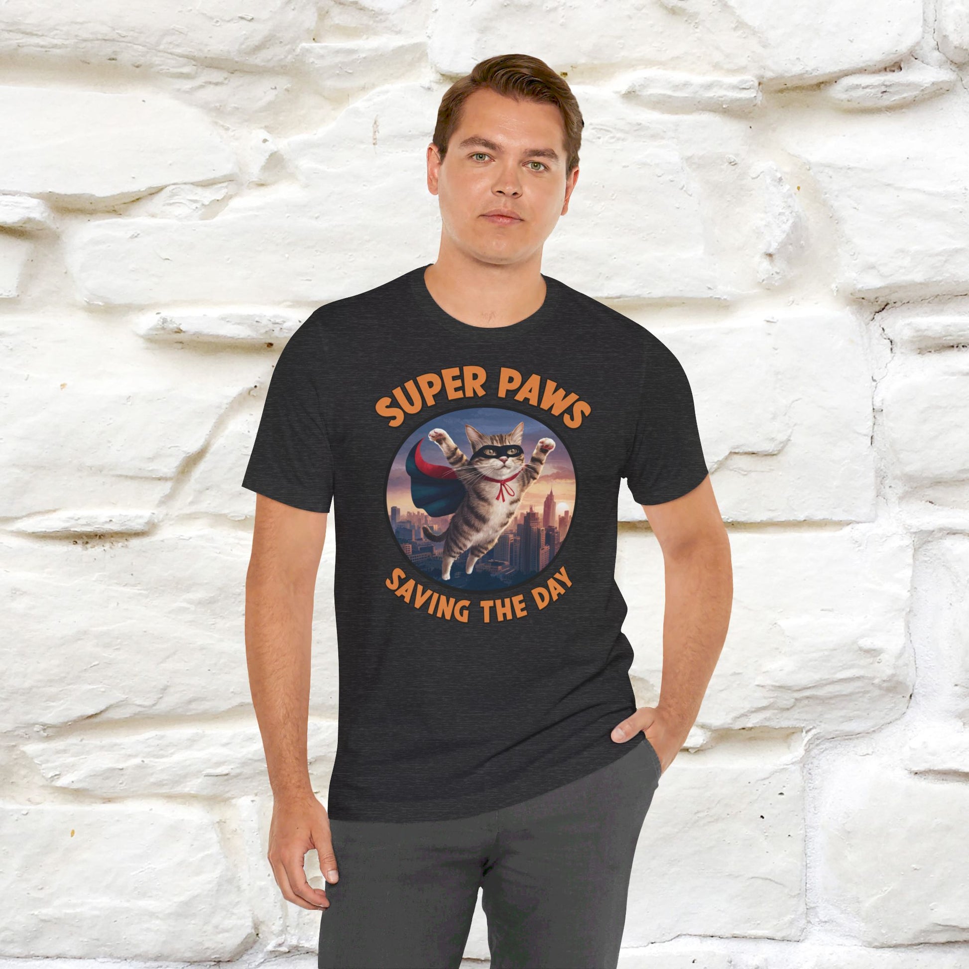 ''Super Paws Saving The Day'' Cat T-shirt for Man 100% Cotton. - Nunu&Miao Studio