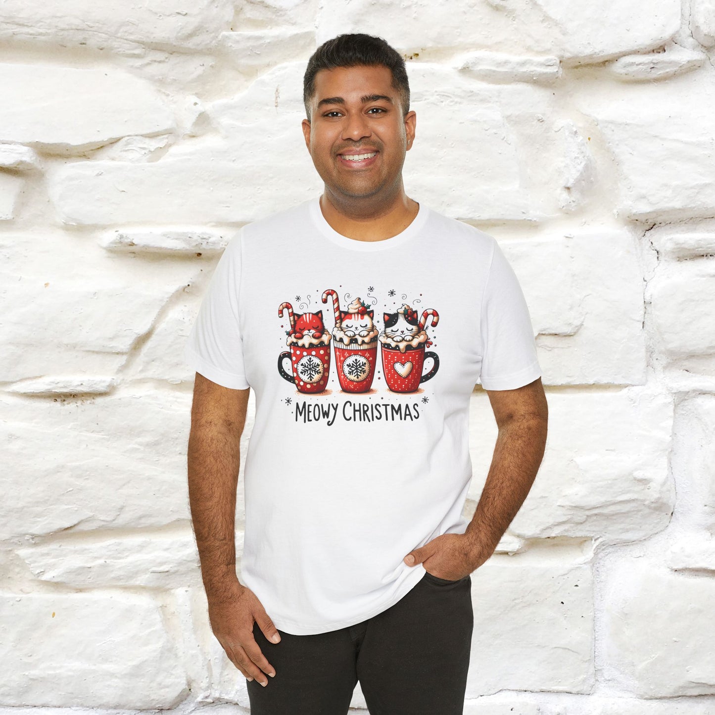 Meowy Christmas T-Shirt | Cute Festive Cat Christmas Shirt for Men & Women | 100% Cotton