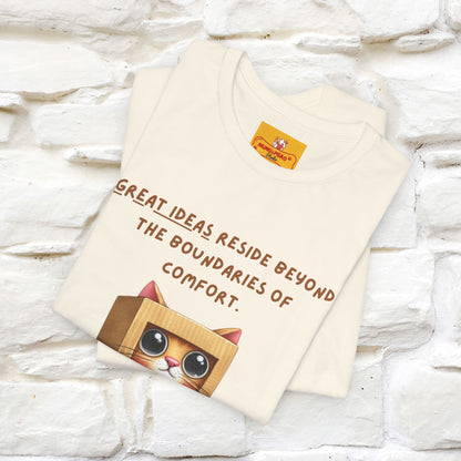 "Le grandi idee risiedono oltre i confini del comfort" T-shirt con gatto per uomo e donna | 100% cotone*