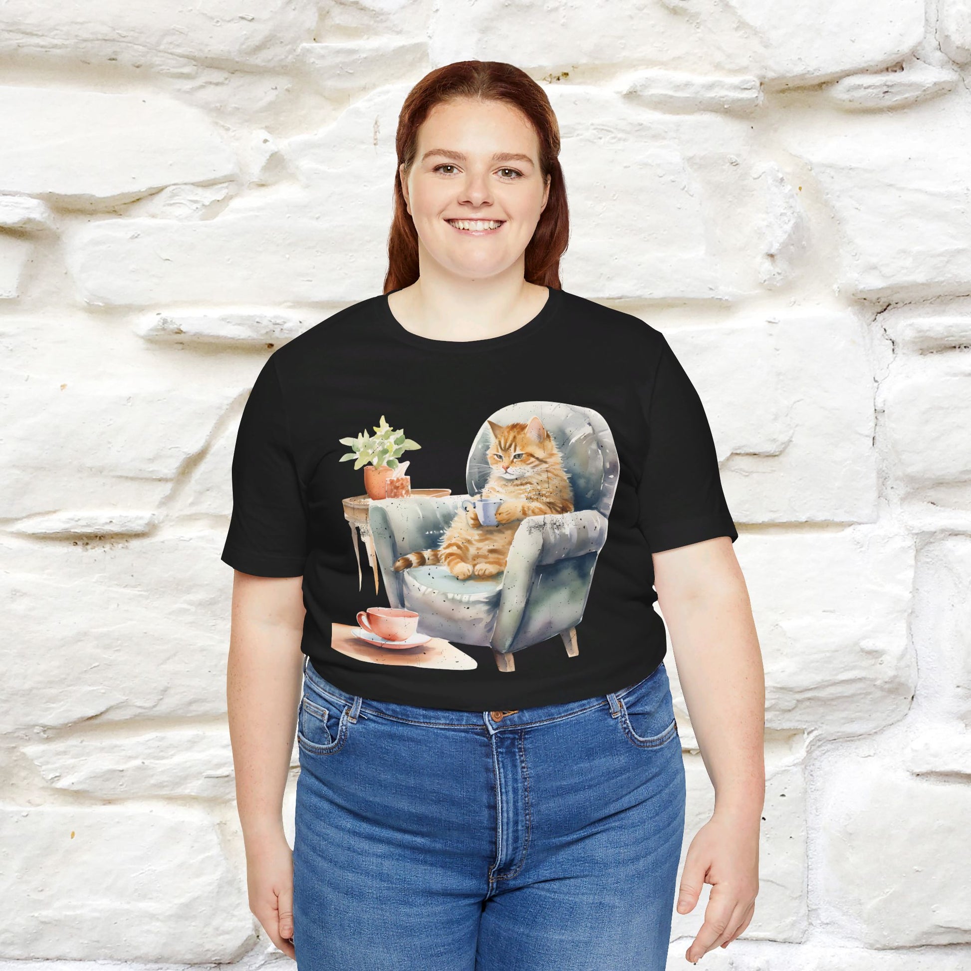 "Cat and Cuppa Comfort"T-shirt for Women 100% Cotton* - Nunu&Miao Studio