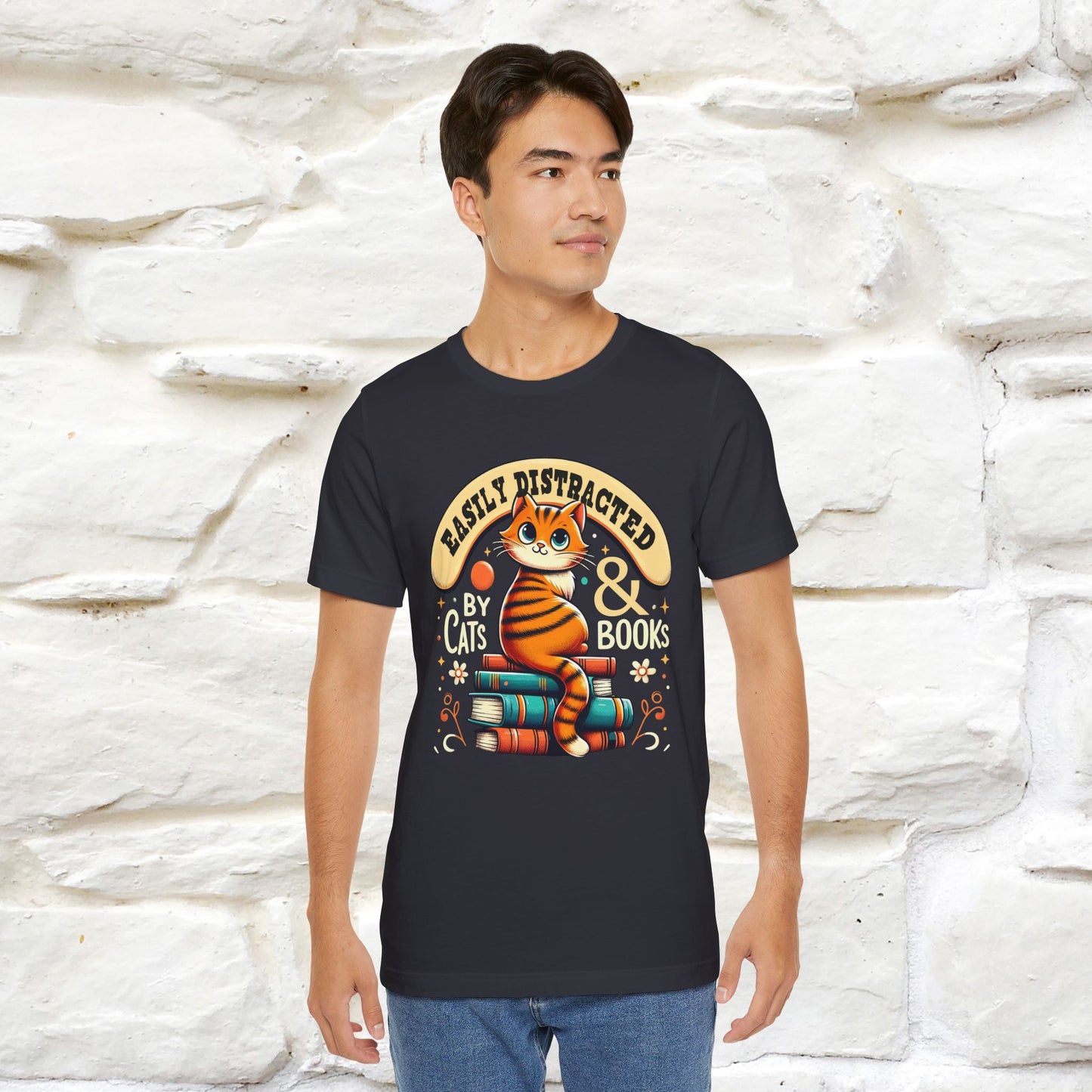 "Easily Distracted By Cats & Books" Cat T-shirt for Men & Women | 100% Cotton* | Cat Lover Tee