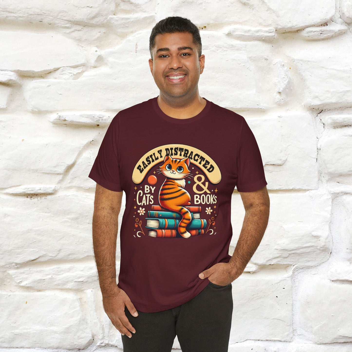 "Easily Distracted By Cats & Books" Cat T-shirt for Men & Women | 100% Cotton* | Cat Lover Tee