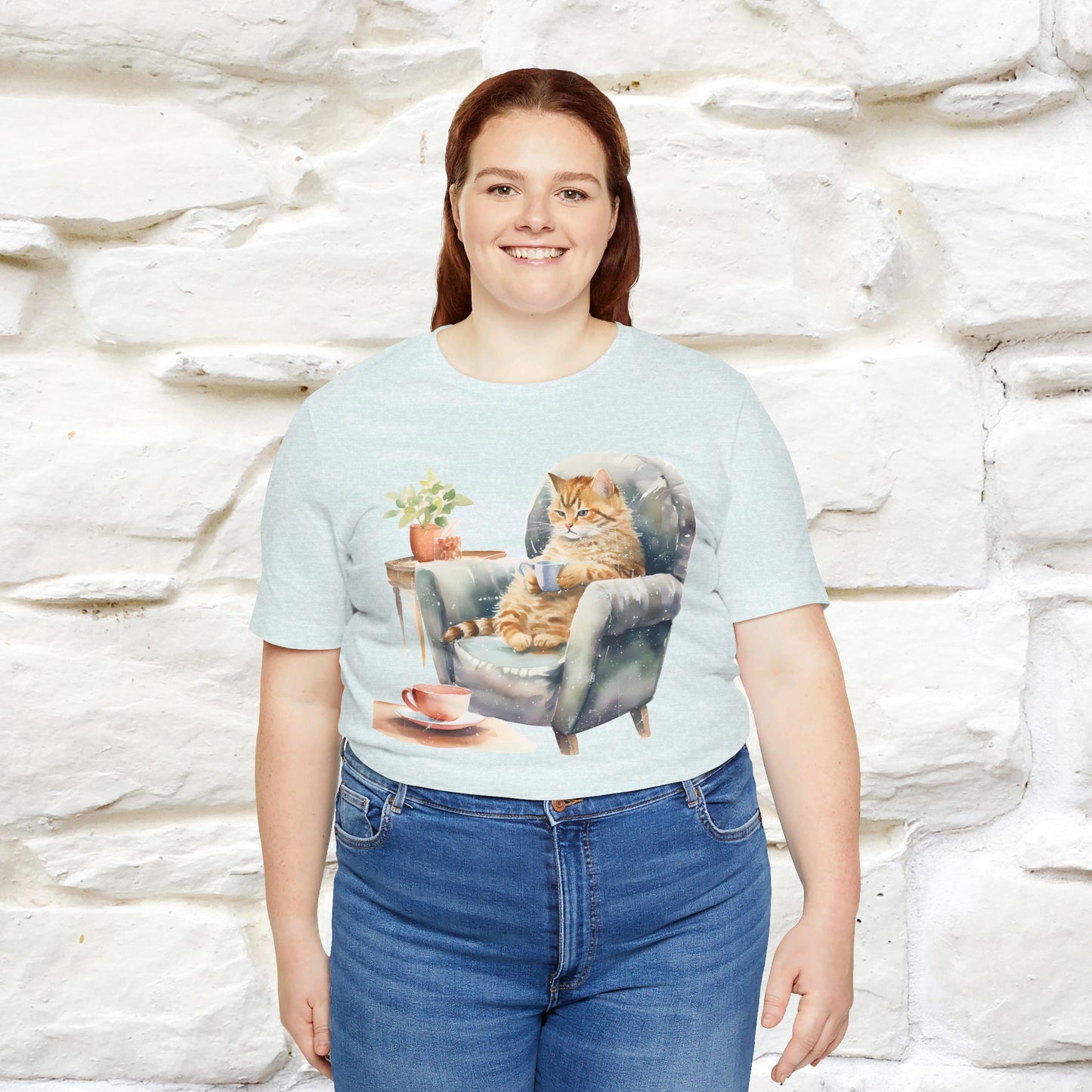 "Cat and Cuppa Comfort"T-shirt for Women 100% Cotton* - Nunu&Miao Studio