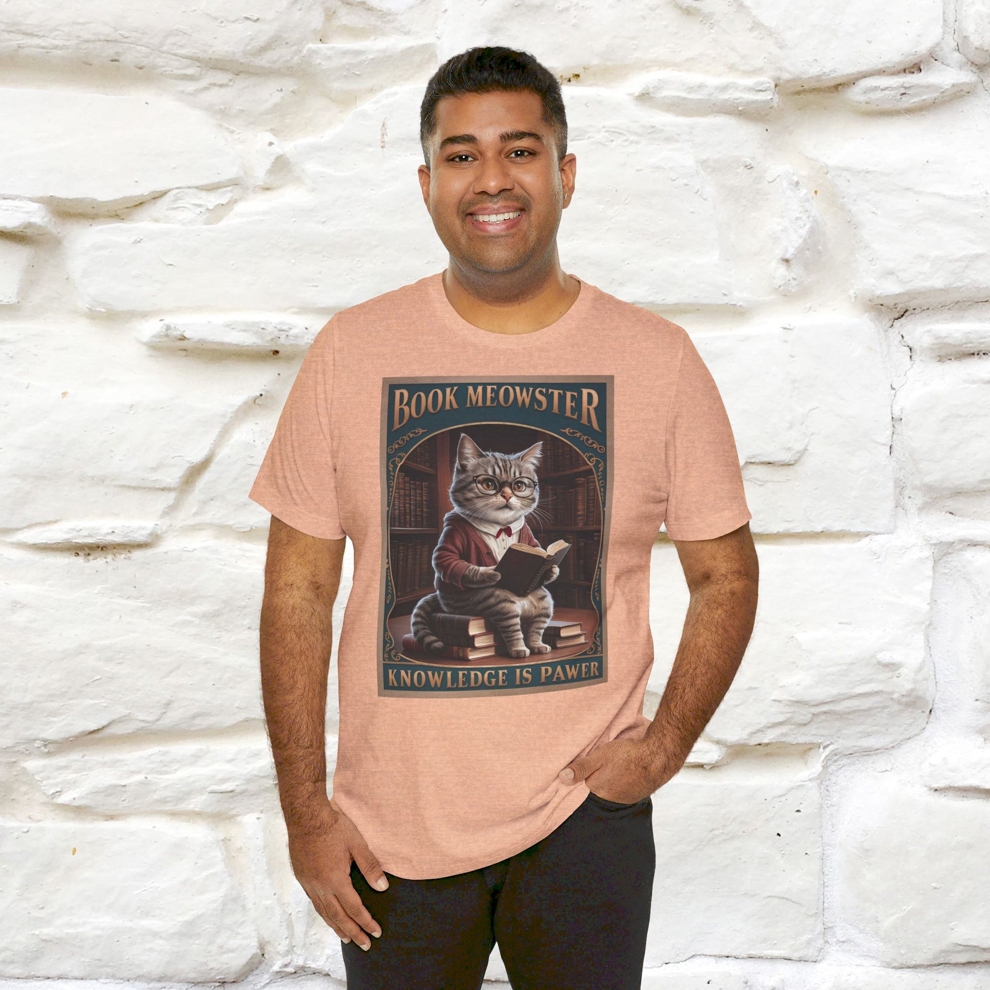 ''Book Meowster Knowledge Is Pawer'' Cat T-shirt for Man 100% Cotton. - Nunu&Miao Studio