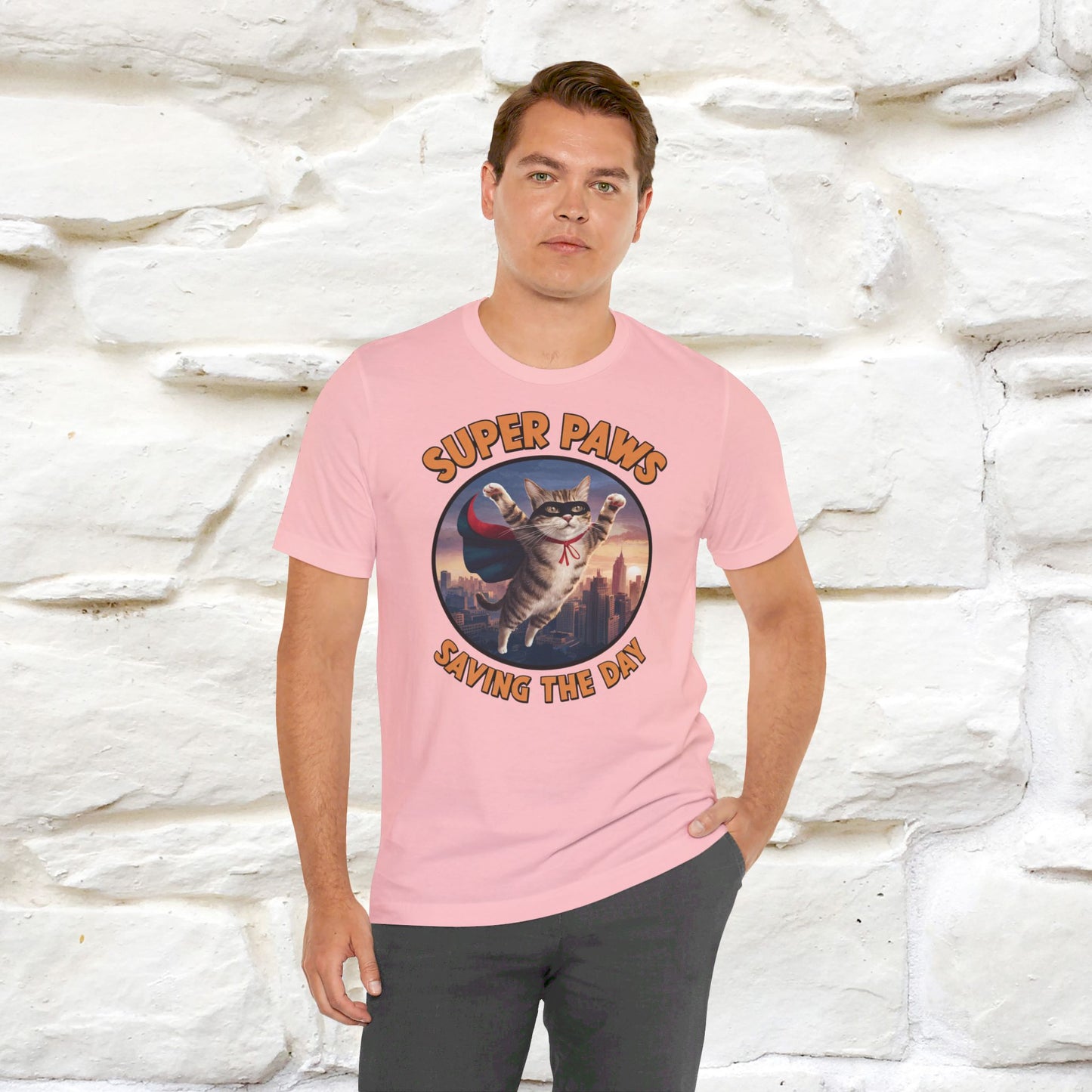 ''Super Paws Saving The Day'' Cat T-shirt for Man 100% Cotton. - Nunu&Miao Studio