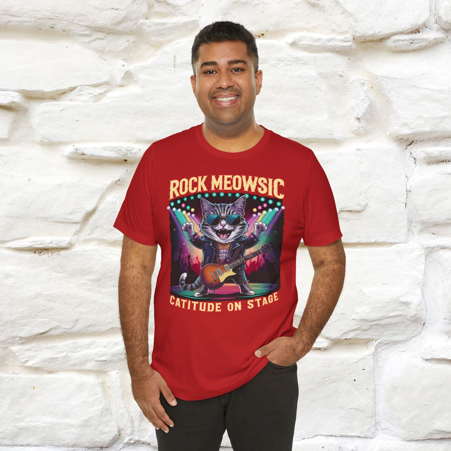 Rock Meowsic Catitude On Stage T-Shirt | Rocker Cat Tee for Men & Women | 100% Cotton*