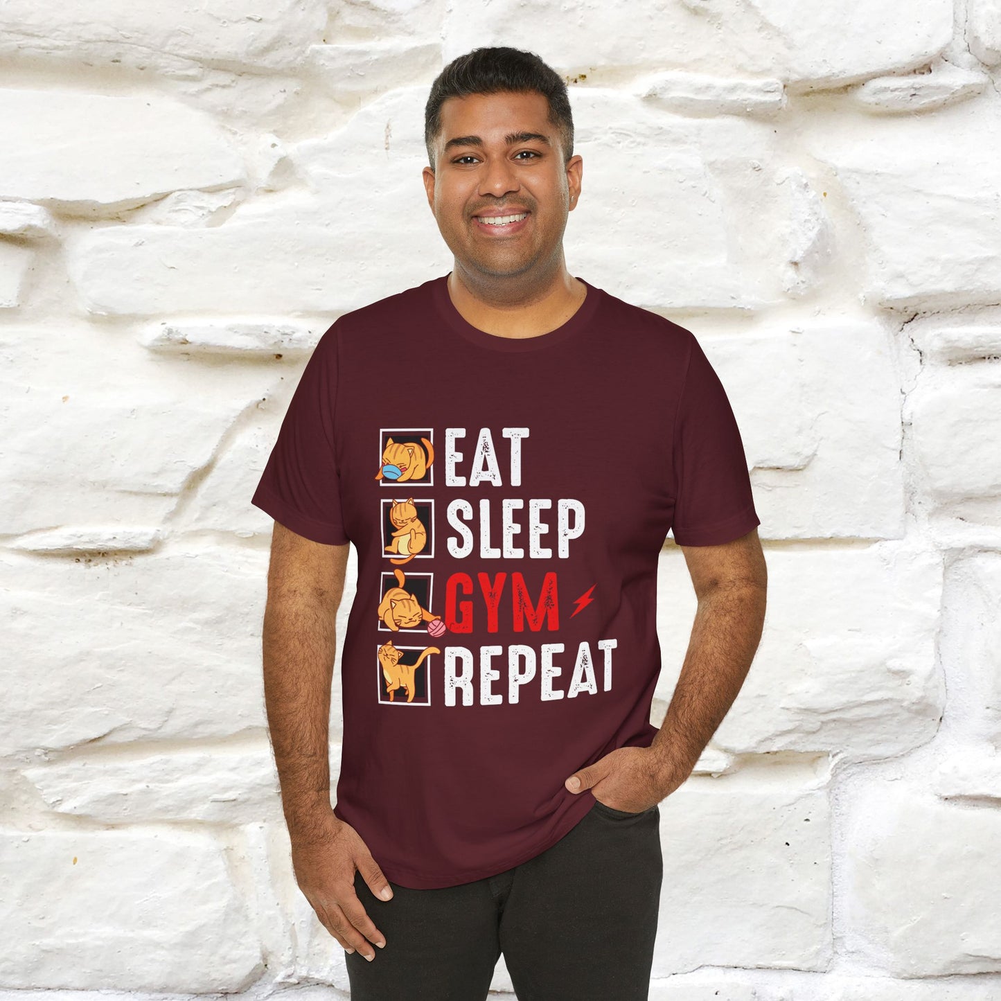 Eat Sleep Gym Repeat Cat Workout T-Shirt for Men & Women | 100% Cotton*