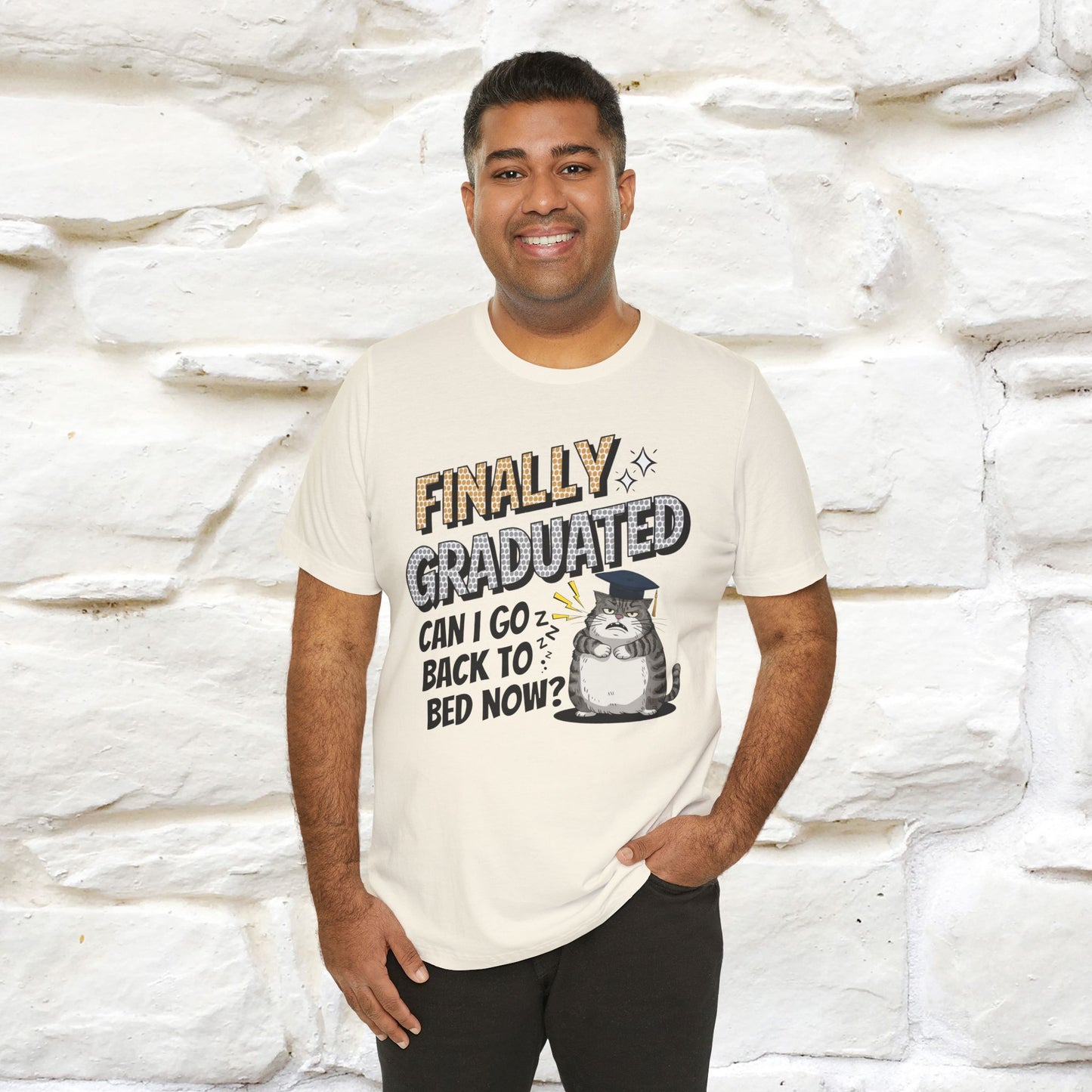 "Finally Graduated, Can I Go Back to Bed Now?" Funny Cat Graduation T-Shirt for Men & Women | 100% Cotton* | Graduation T-Shirts