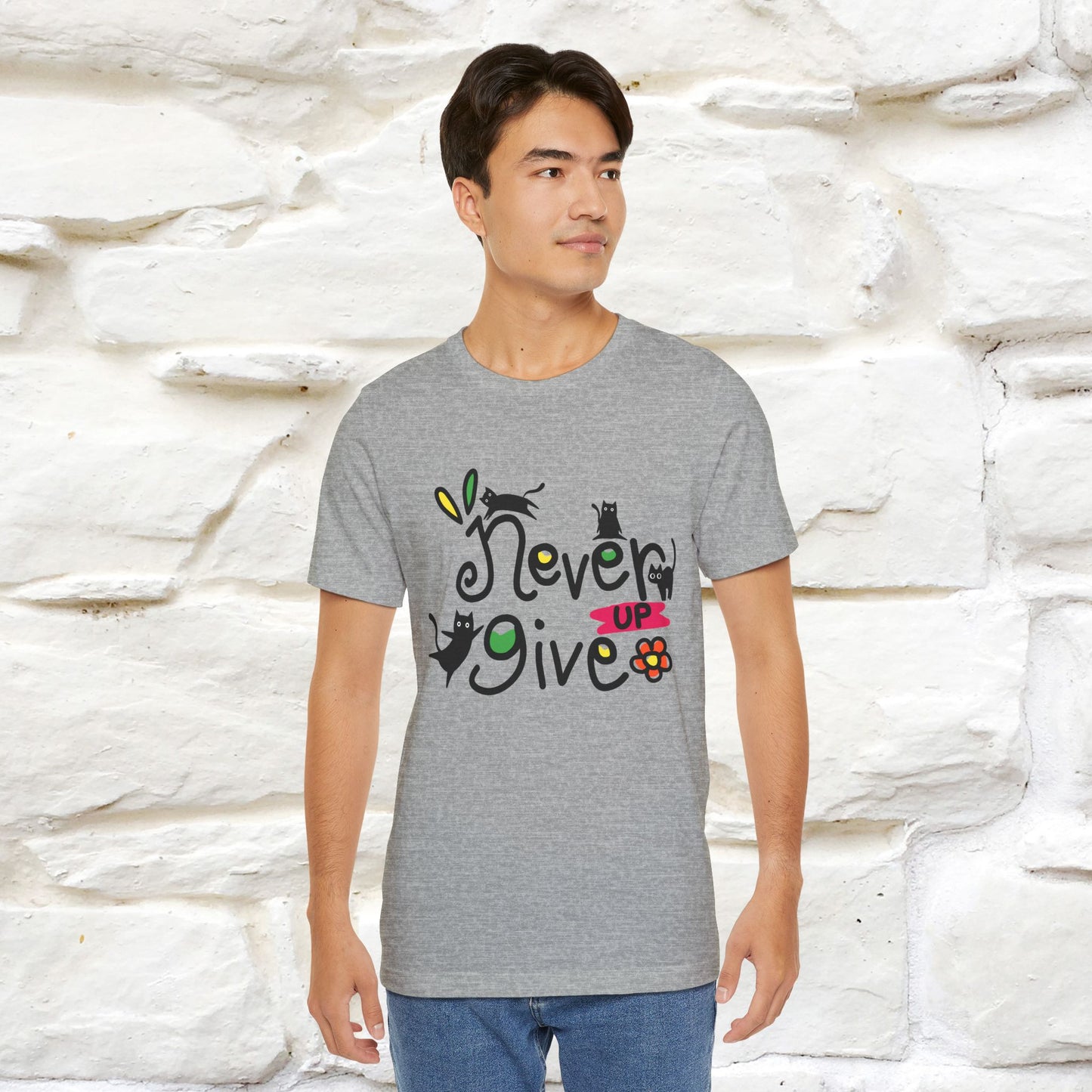 "Never Give Up" Cat T-Shirt for Men & Women | 100% Cotton* | Motivational Tee