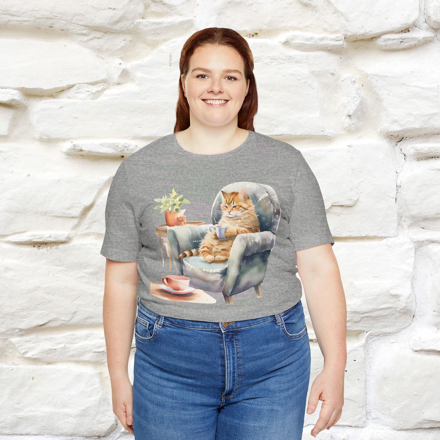 "Cat and Cuppa Comfort"T-shirt for Women 100% Cotton* - Nunu&Miao Studio