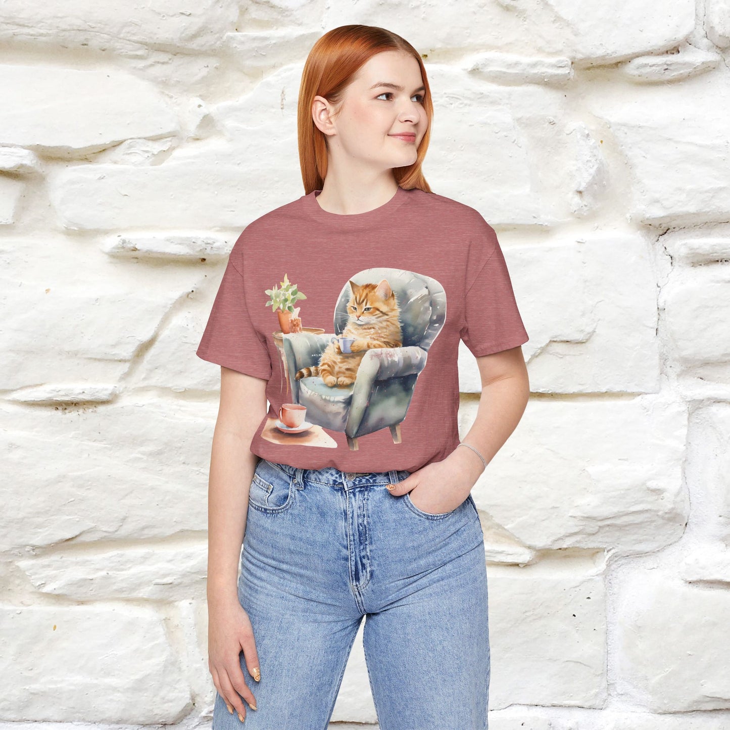 "Cat and Cuppa Comfort"T-shirt for Women 100% Cotton* - Nunu&Miao Studio