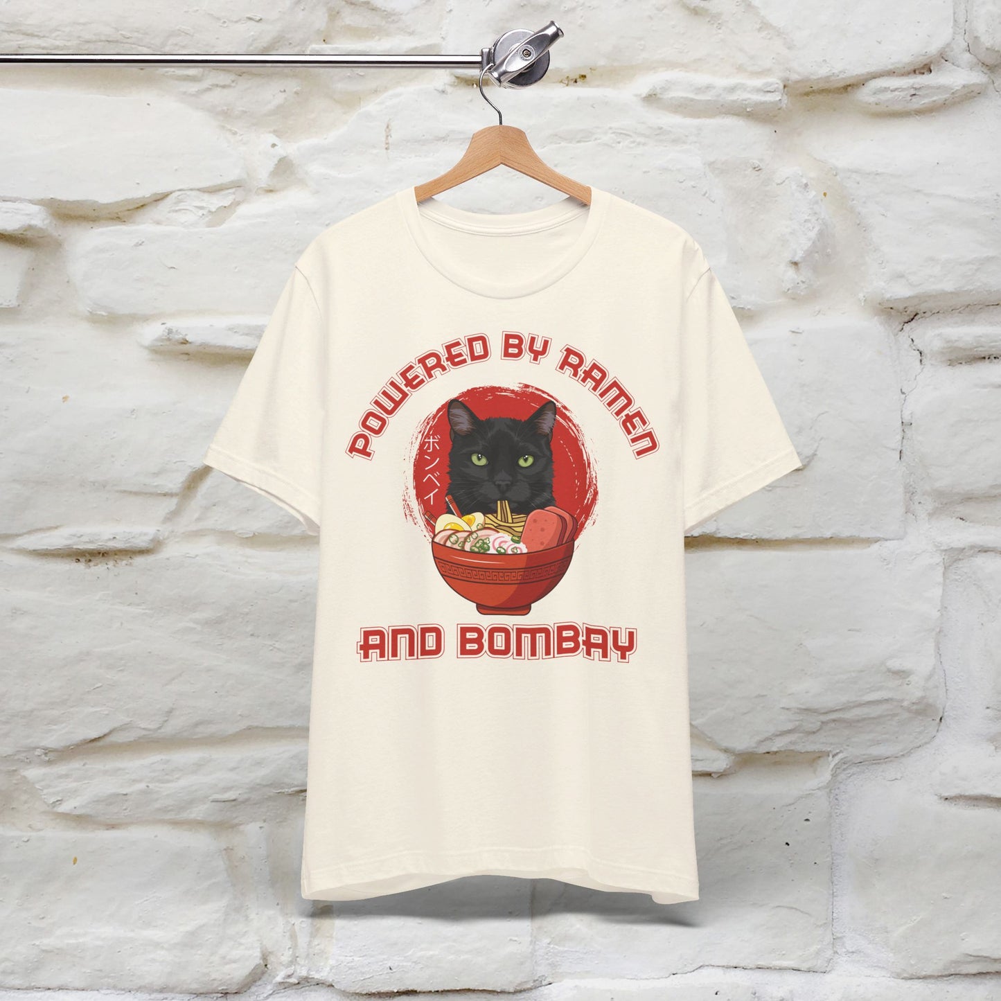 ''Powered By Ramen And Bombay''  Cat T-shirt for Man 100% Cotton. - Nunu&Miao Studio