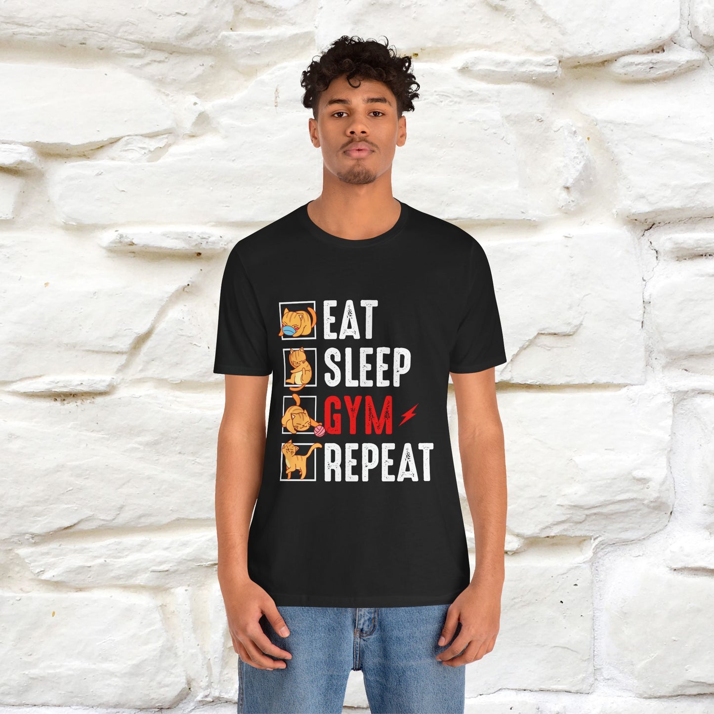 Eat Sleep Gym Repeat Cat Workout T-Shirt for Men & Women | 100% Cotton*