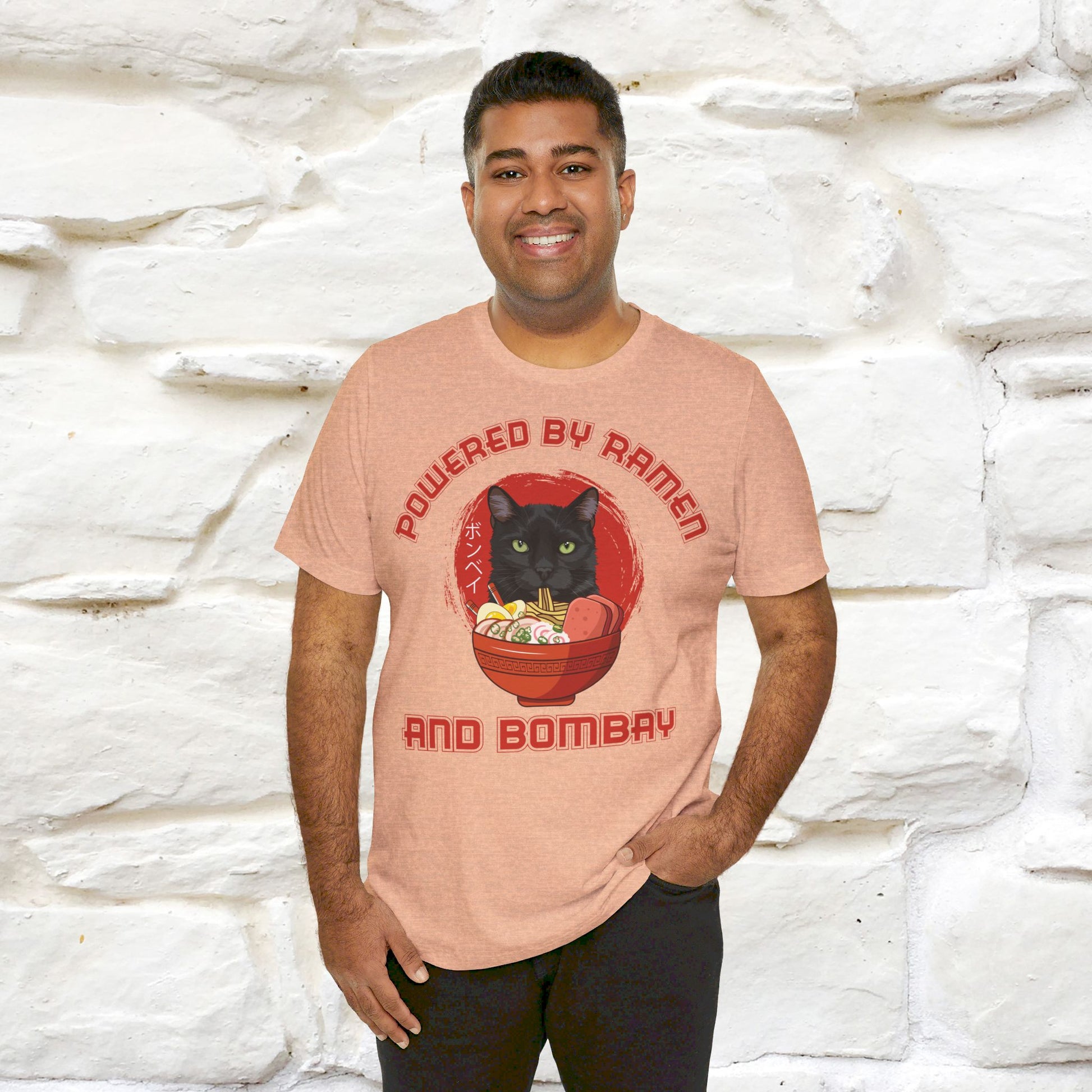 ''Powered By Ramen And Bombay''  Cat T-shirt for Man 100% Cotton. - Nunu&Miao Studio