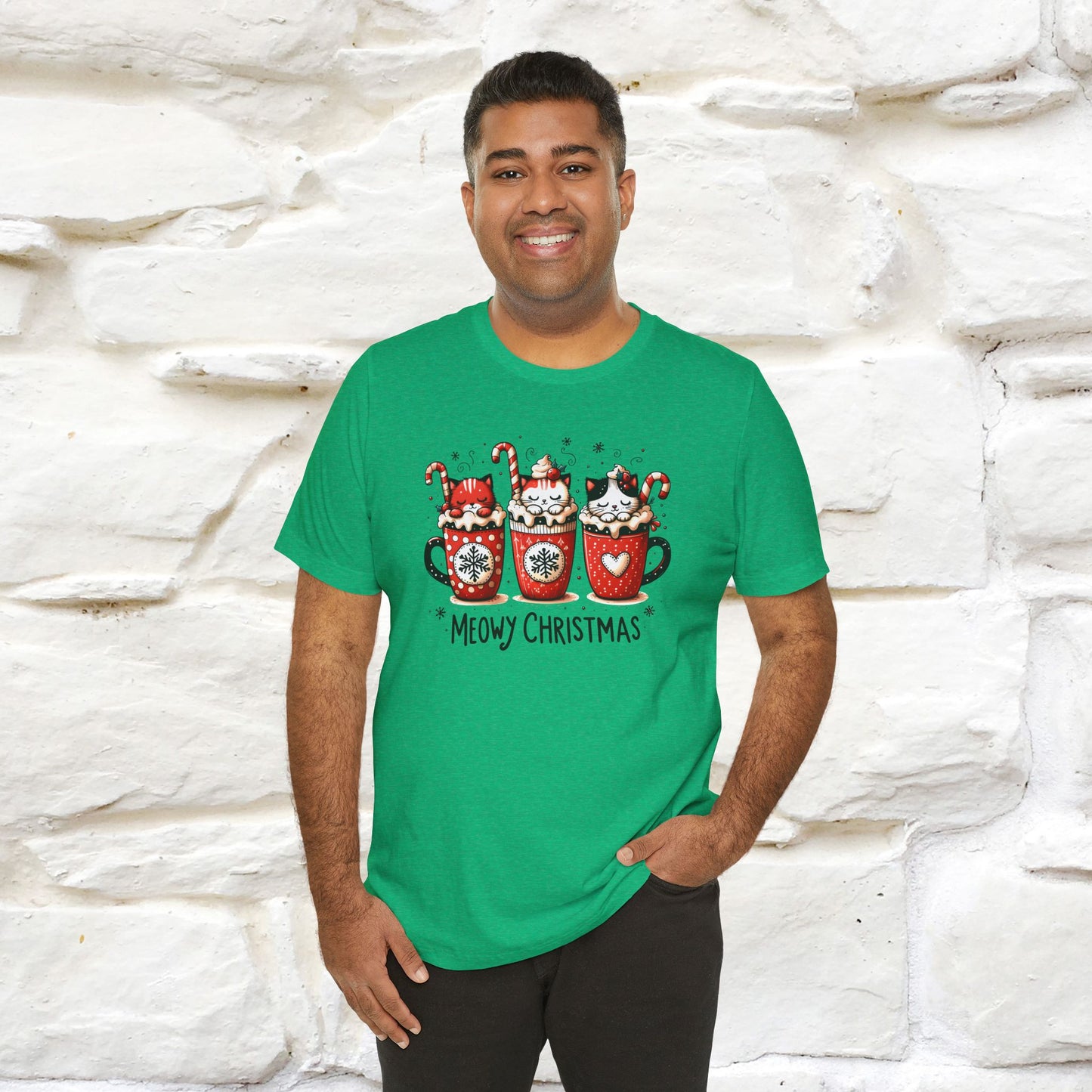 Meowy Christmas T-Shirt | Cute Festive Cat Christmas Shirt for Men & Women | 100% Cotton