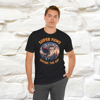 ''Super Paws Saving The Day'' Cat T-shirt for Man 100% Cotton. - Nunu&Miao Studio