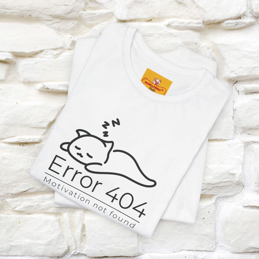''Error 404 Motivation Not Found'' Cat T-Shirt Front and Back Design | Nunu&Miao Studio