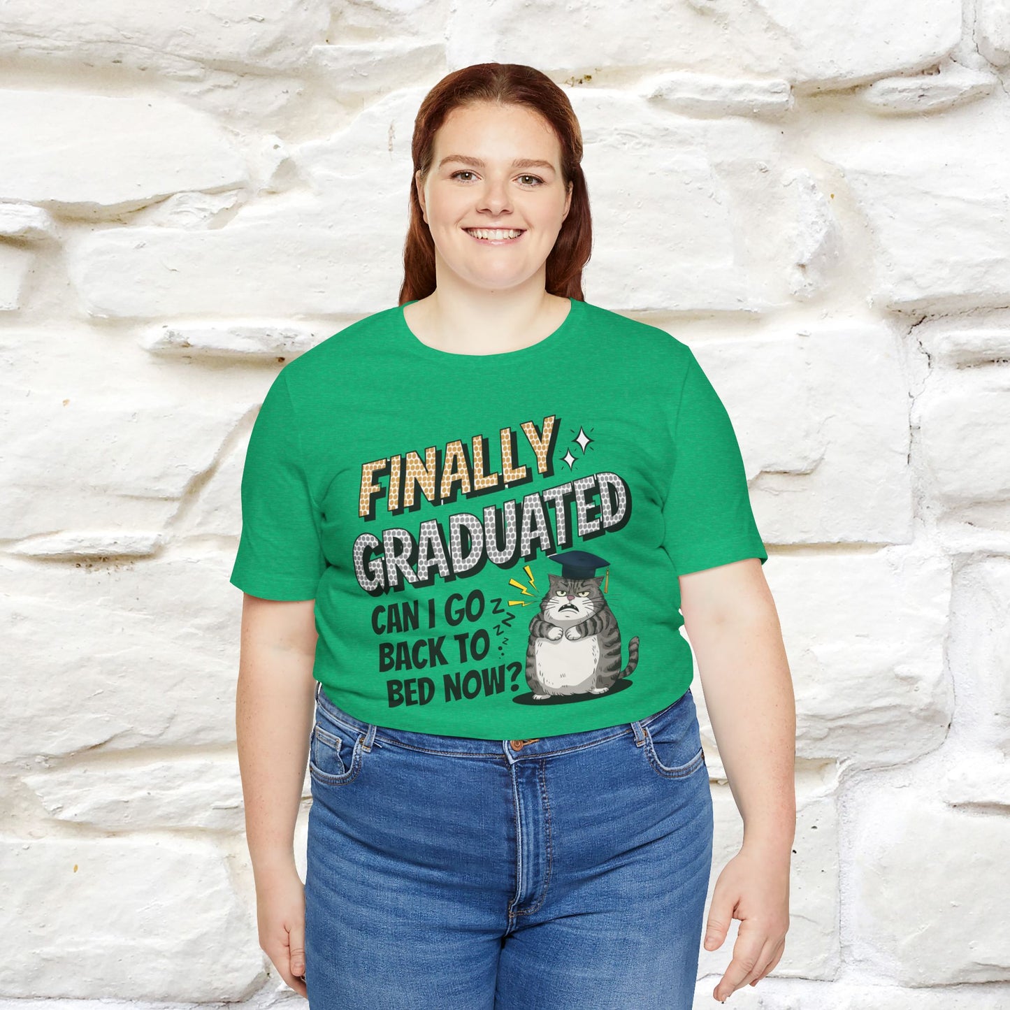 "Finally Graduated, Can I Go Back to Bed Now?" Funny Cat Graduation T-Shirt for Men & Women | 100% Cotton* | Graduation T-Shirts