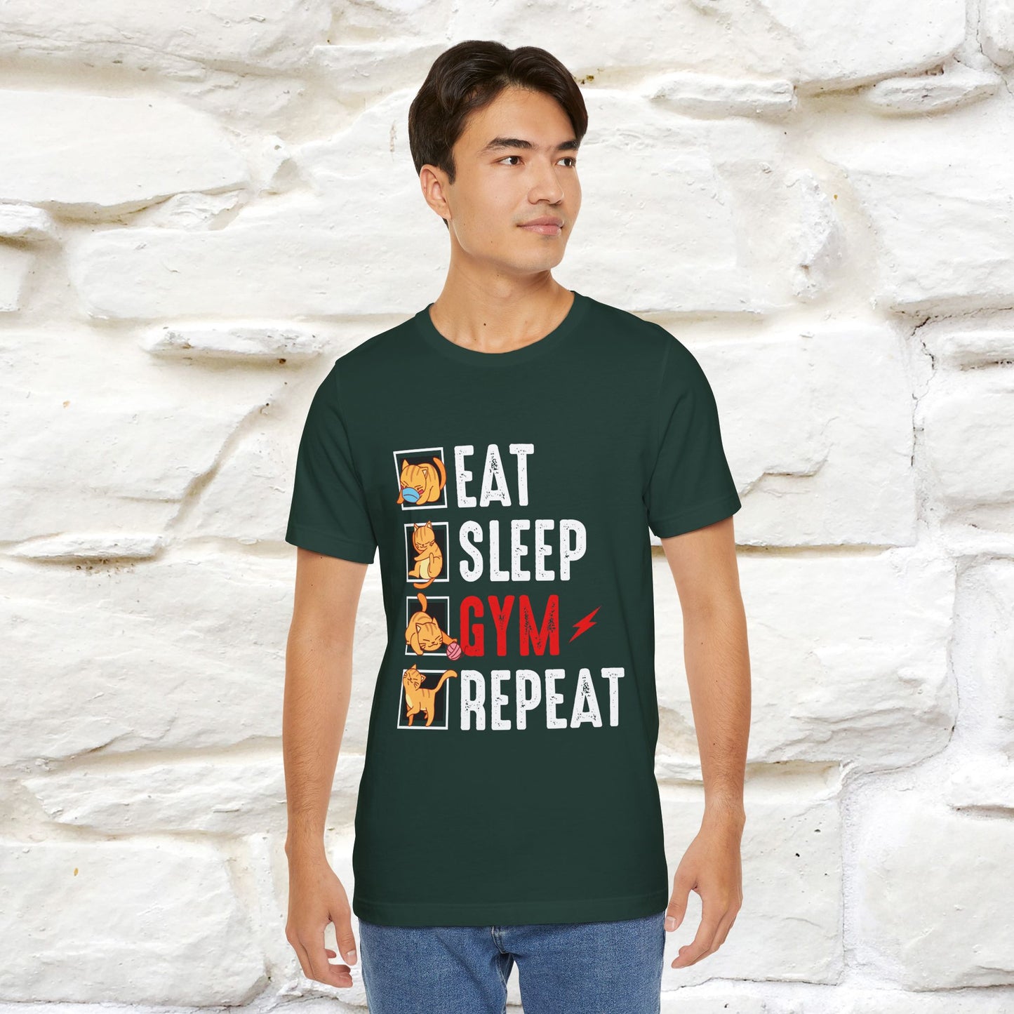 Eat Sleep Gym Repeat Cat Workout T-Shirt for Men & Women | 100% Cotton*