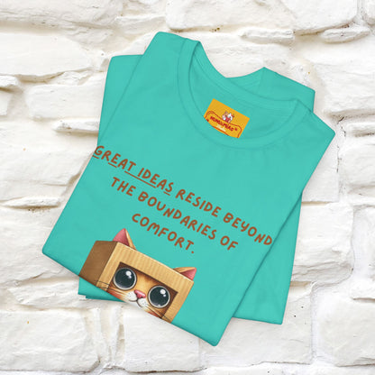 "Le grandi idee risiedono oltre i confini del comfort" T-shirt con gatto per uomo e donna | 100% cotone*