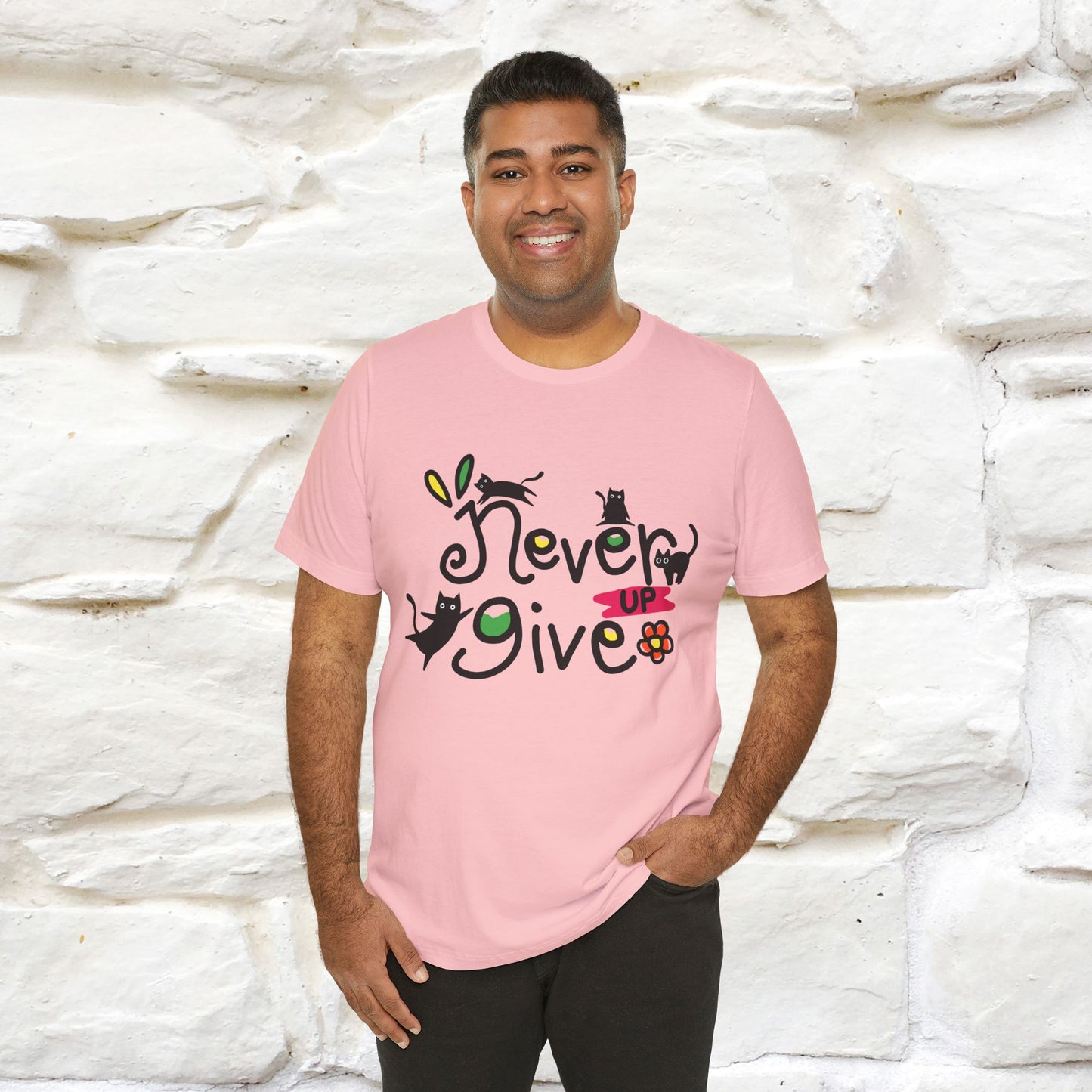 "Never Give Up" Cat T-Shirt for Men & Women | 100% Cotton* | Motivational Tee