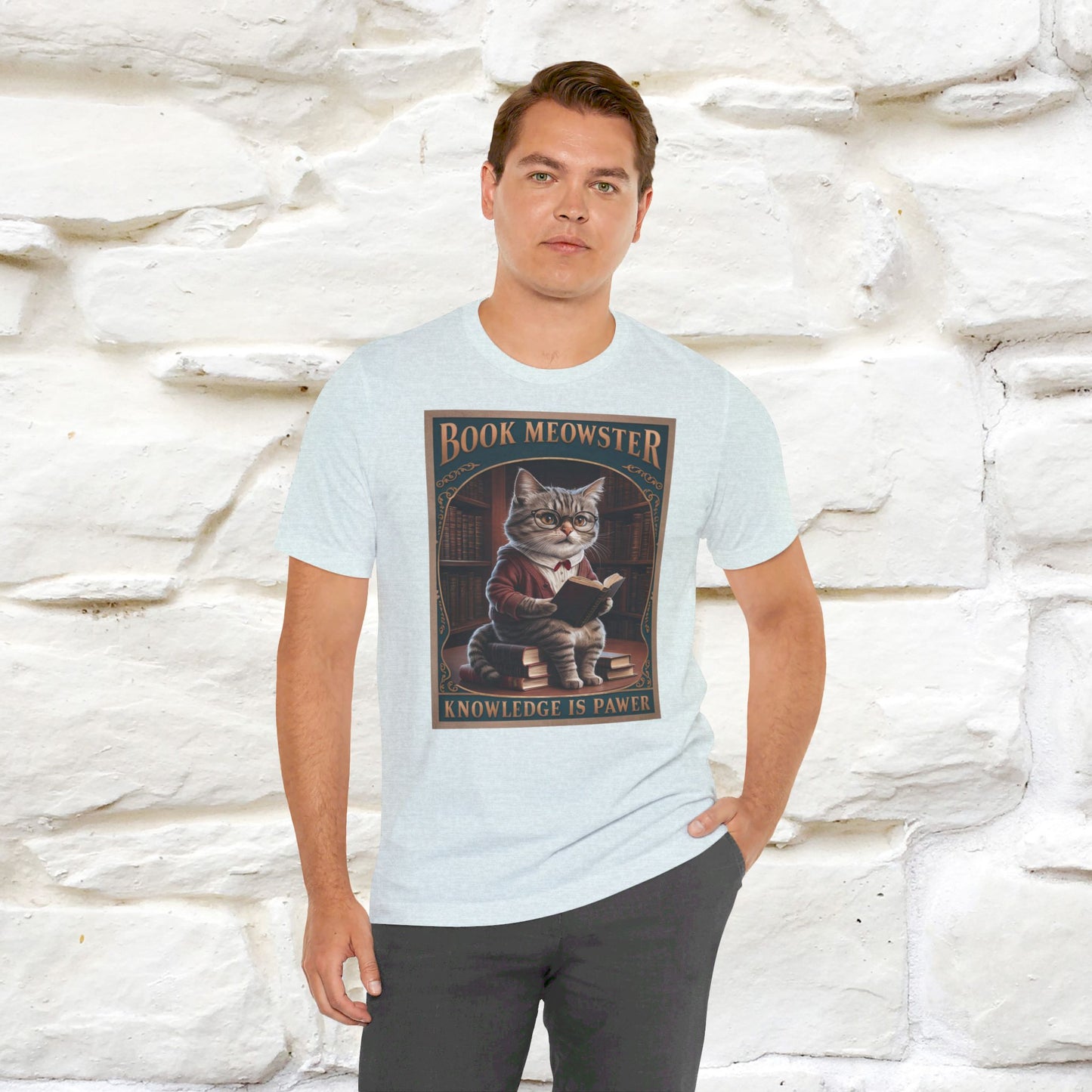 ''Book Meowster Knowledge Is Pawer'' Cat T-shirt for Man 100% Cotton. - Nunu&Miao Studio