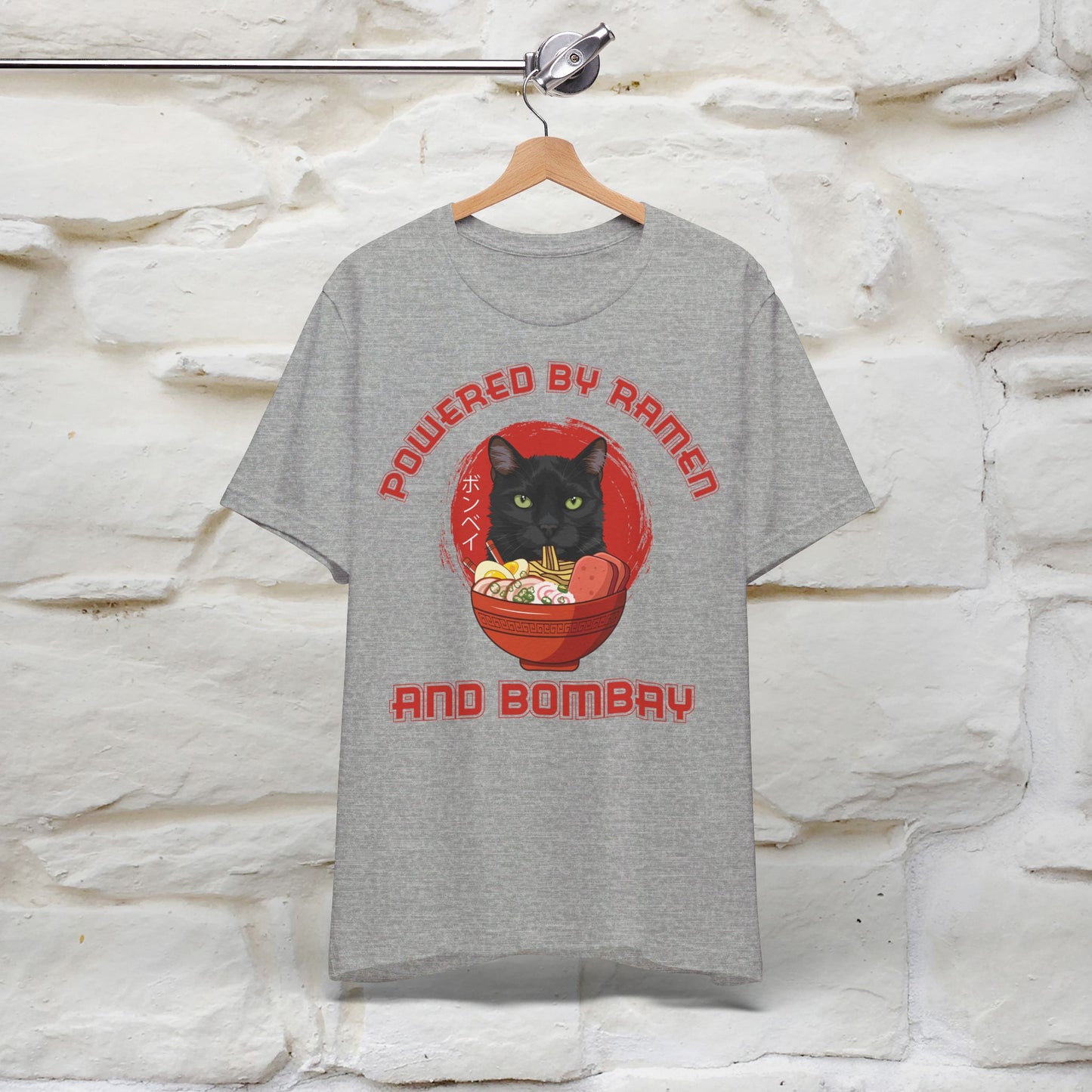 ''Powered By Ramen And Bombay''  Cat T-shirt for Man 100% Cotton. - Nunu&Miao Studio