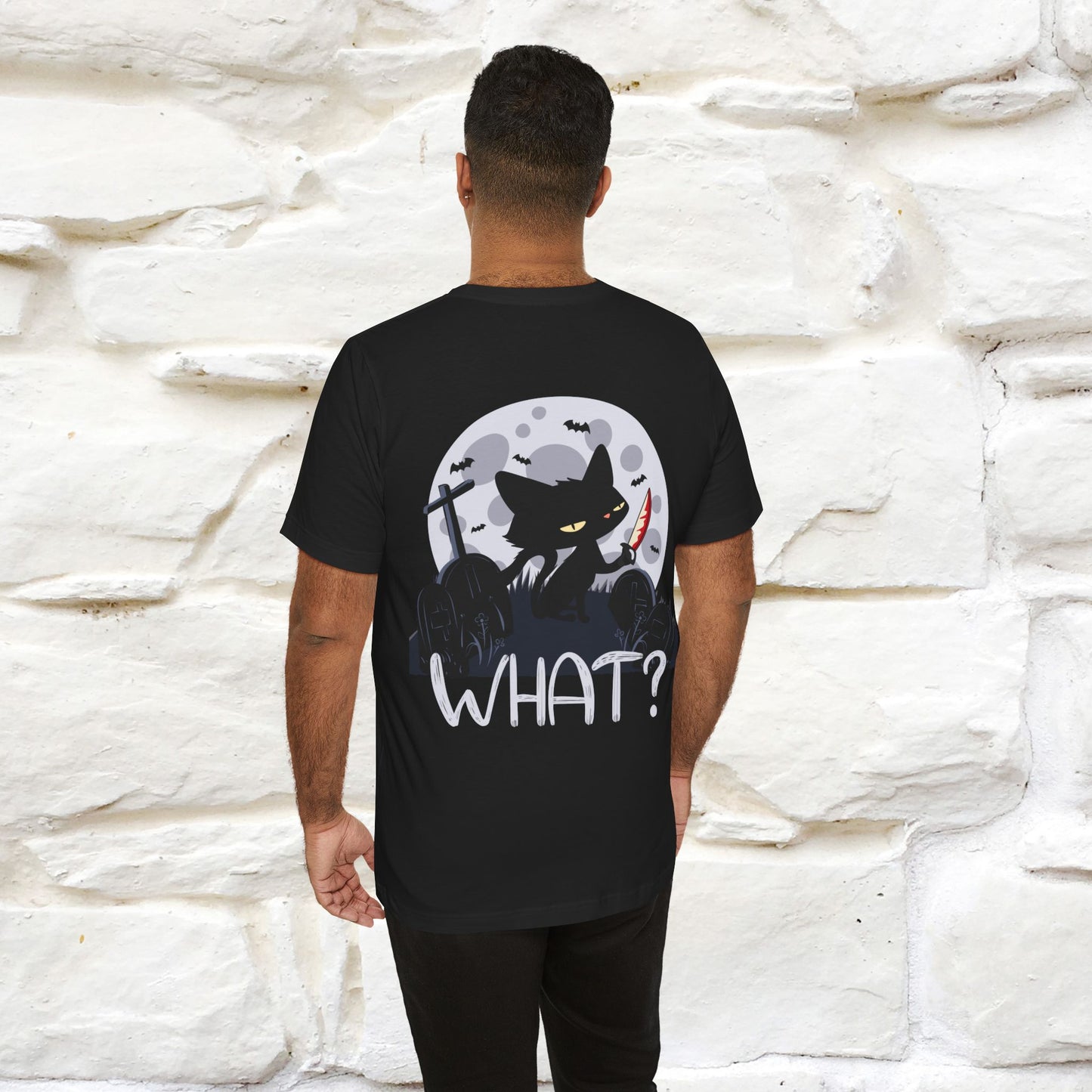 ''What?'' Cat Halloween  Unisex Front And Back Design T-shirt  100% Cotton*